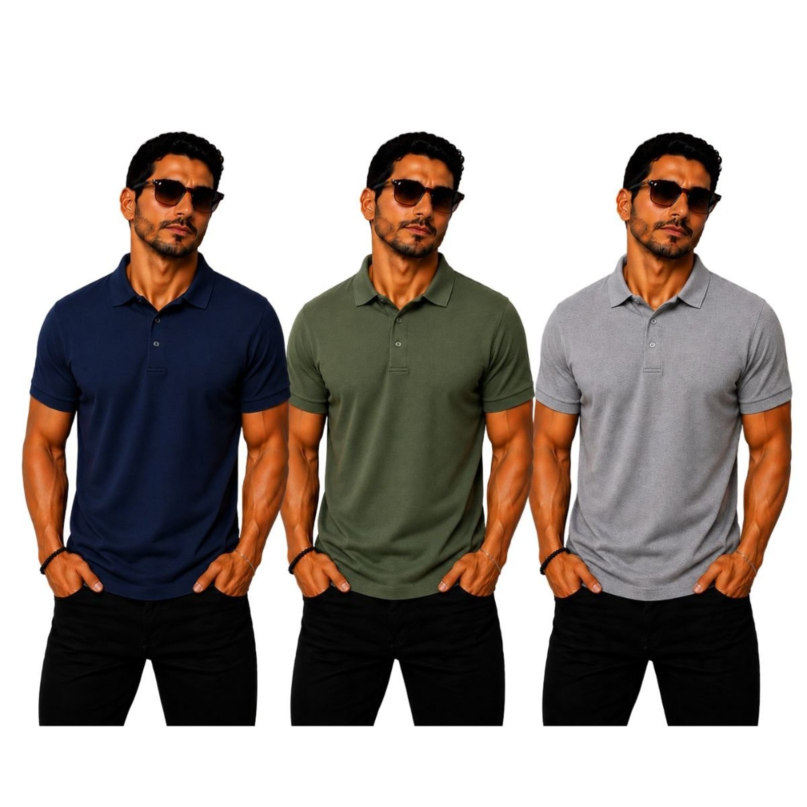 Kit 3 Camisas Polo Poliamida Masculina Básica Premium Multicolorido