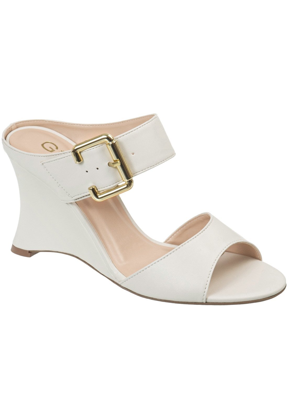 Sandália Feminino GiGiL Tamanco Anabela Tira Dupla Enfeite Fivela Salto Alto Elegante Off White