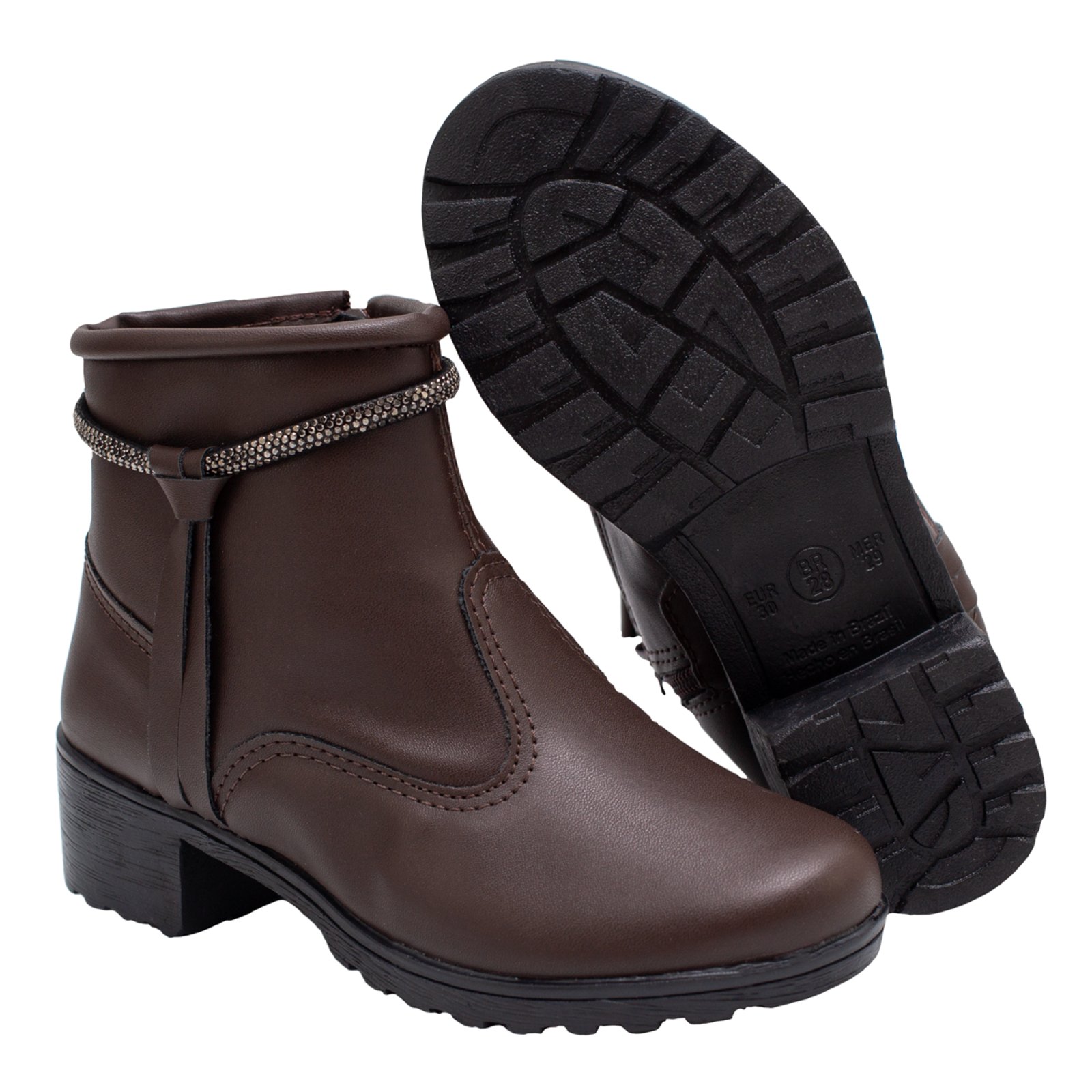 Infantil - Bota Coturno Feminino Ankle Boot Strass Cano Curto Marrom Café Lulopé
