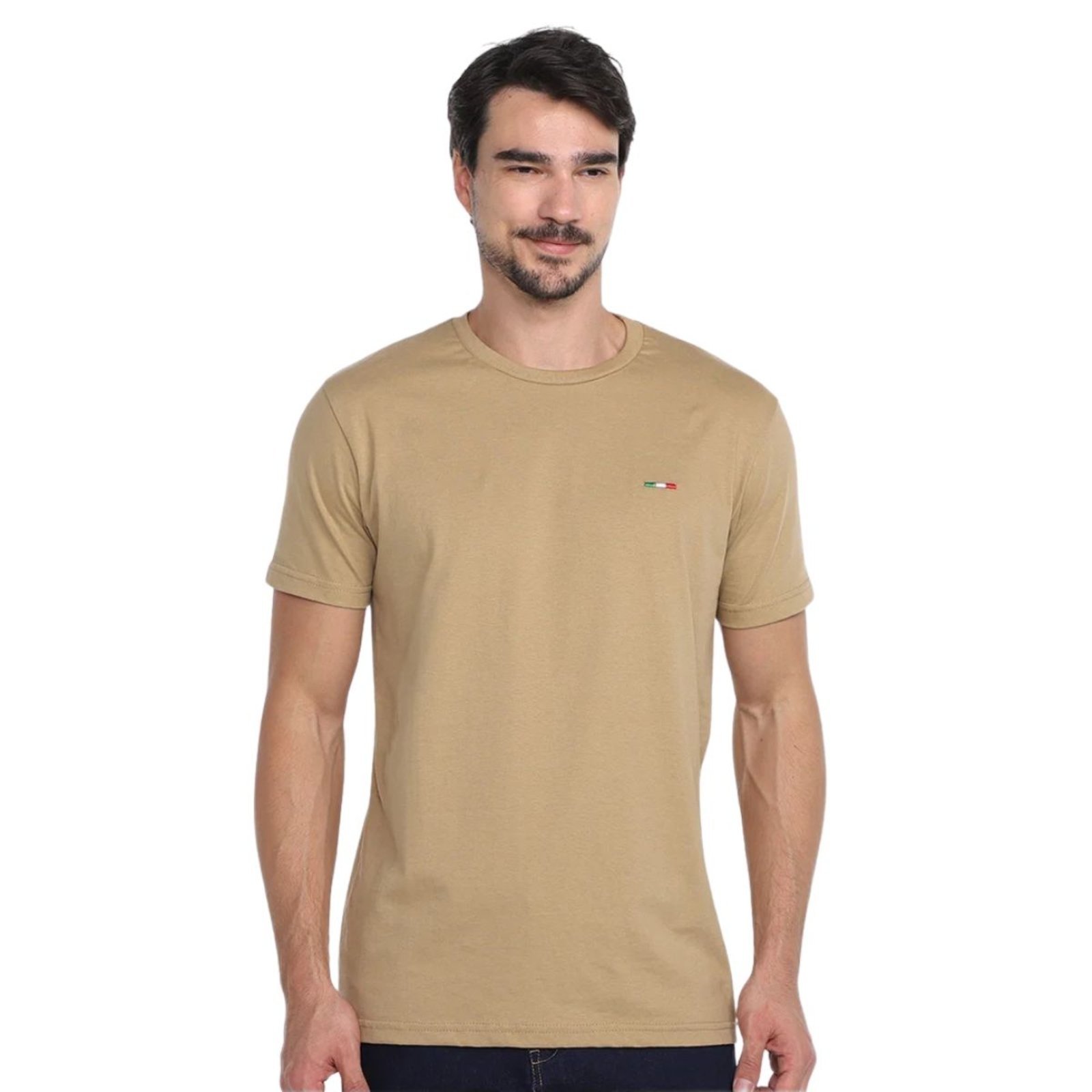 Camiseta Masculina Básica Vih Triny com Bordado no Estilo Tommy Algodão Premium Itália Bege