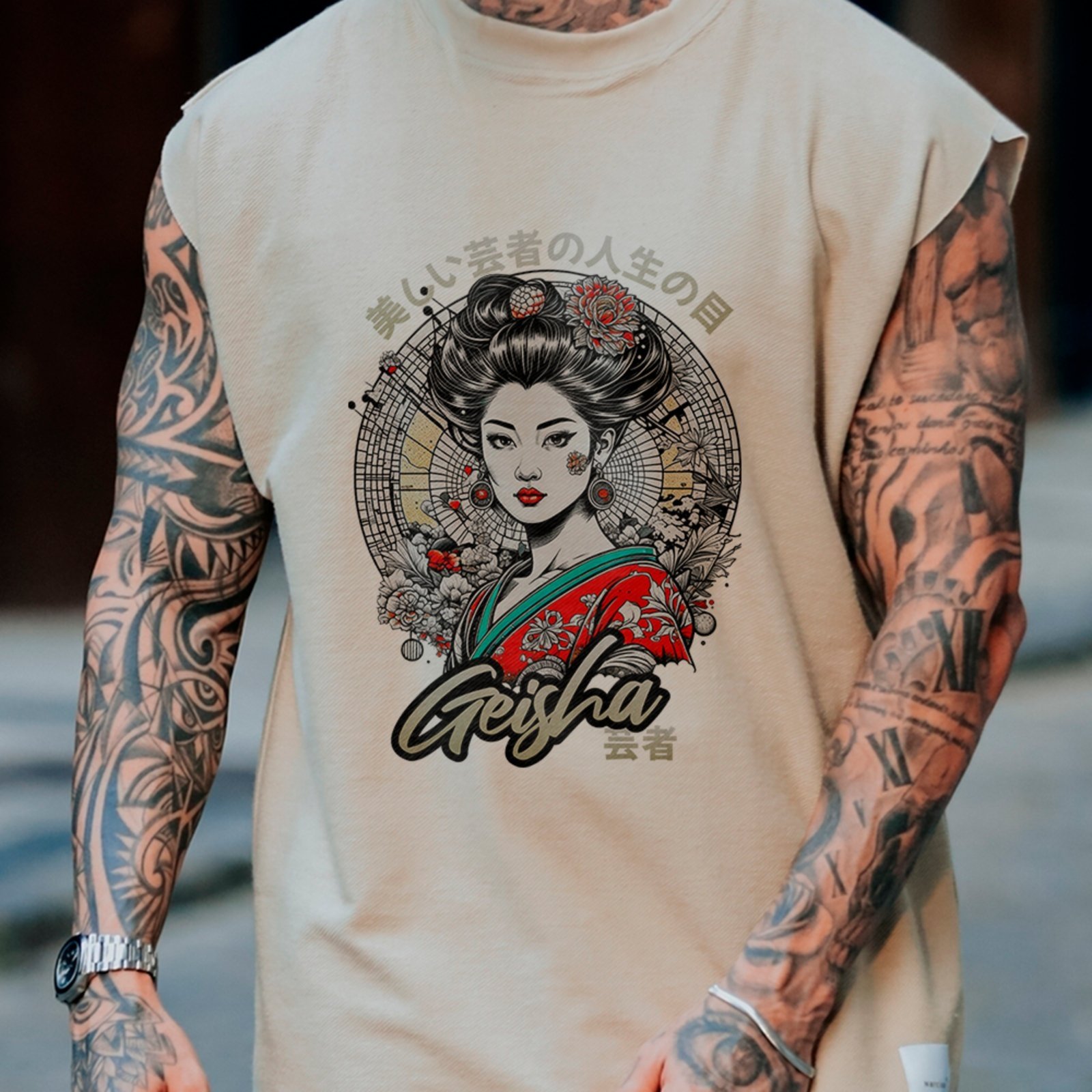 Camiseta Regata Machão Geisha Japão Arte Oriental Off White