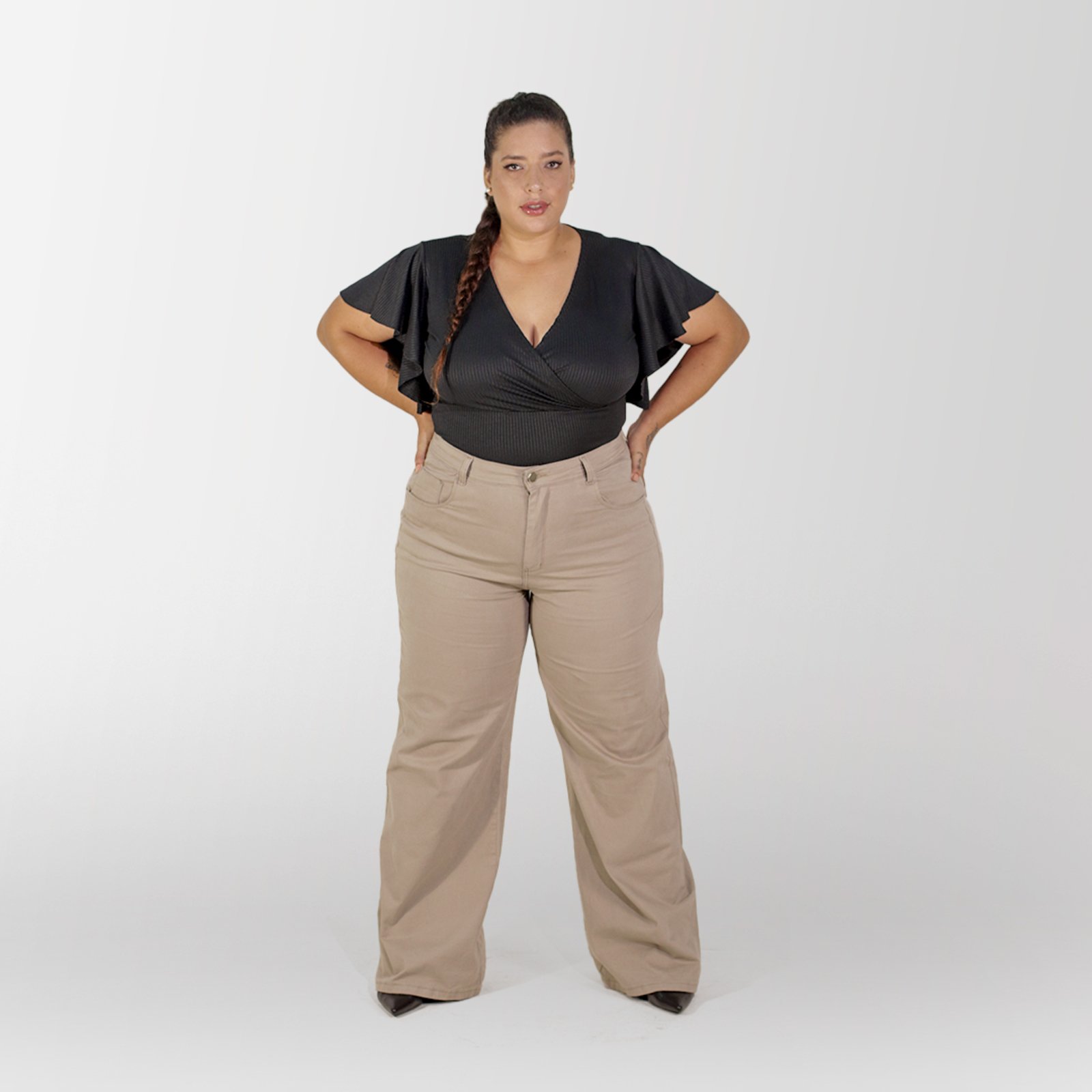 Calça Wide Leg Plus Size Rimale Caqui