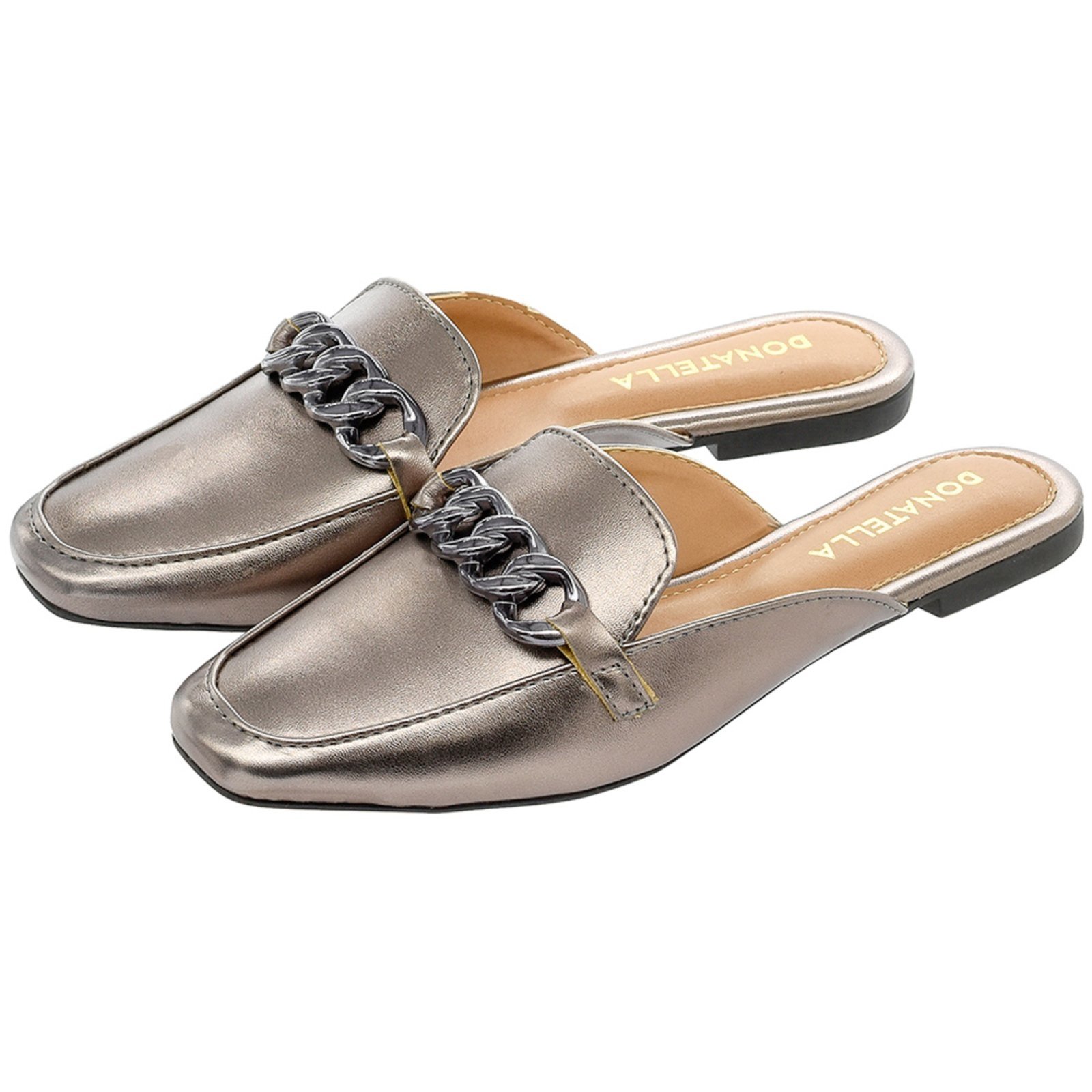 Sapato Mule Feminino CM Calçados Bico Quadrado Confort Metalizado Corrente Prata Velho