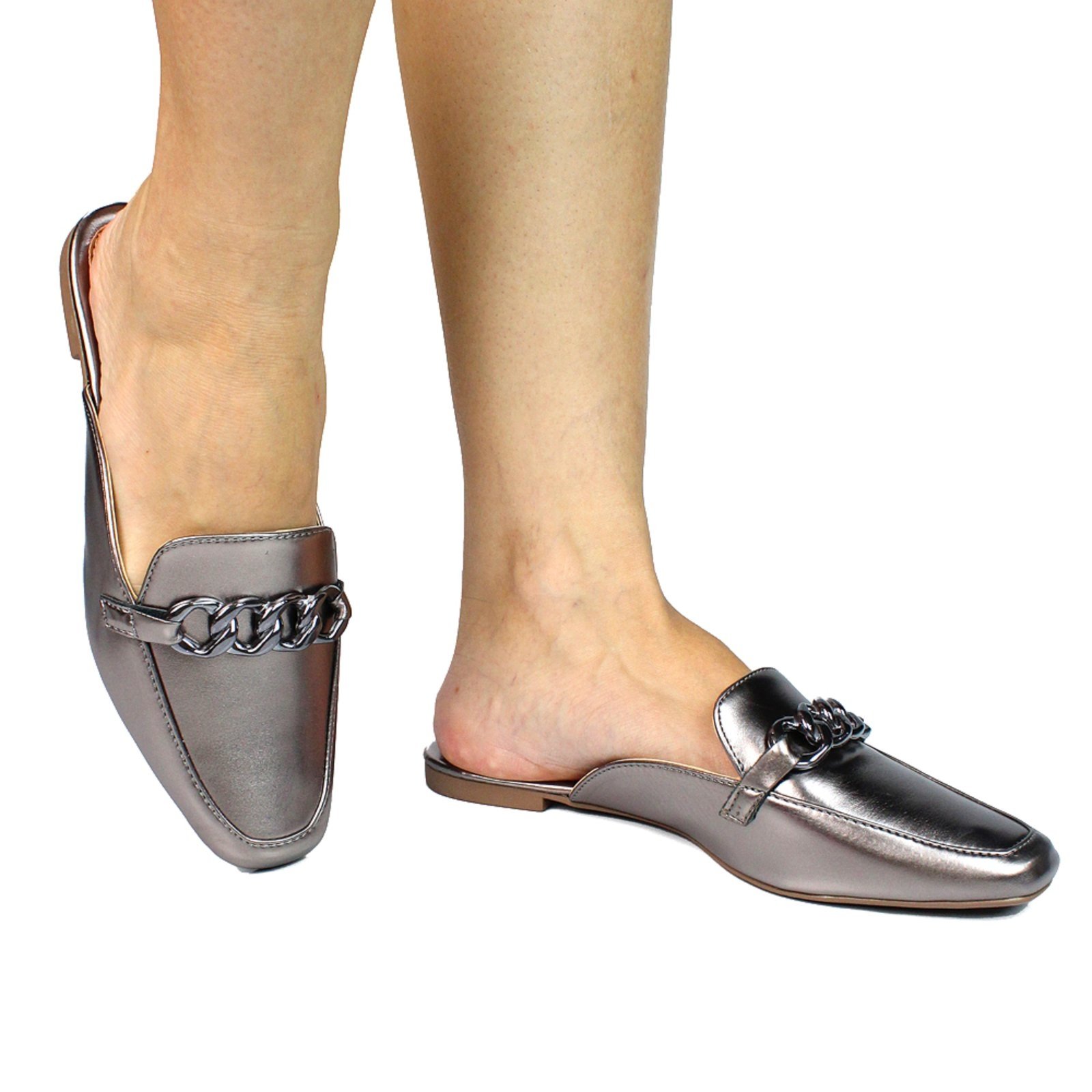 Vista 3 Sapato Mule Feminino CM Calçados Bico Quadrado Confort Metalizado Corrente Monte Shoes prata velho Monte Shoes prata velho