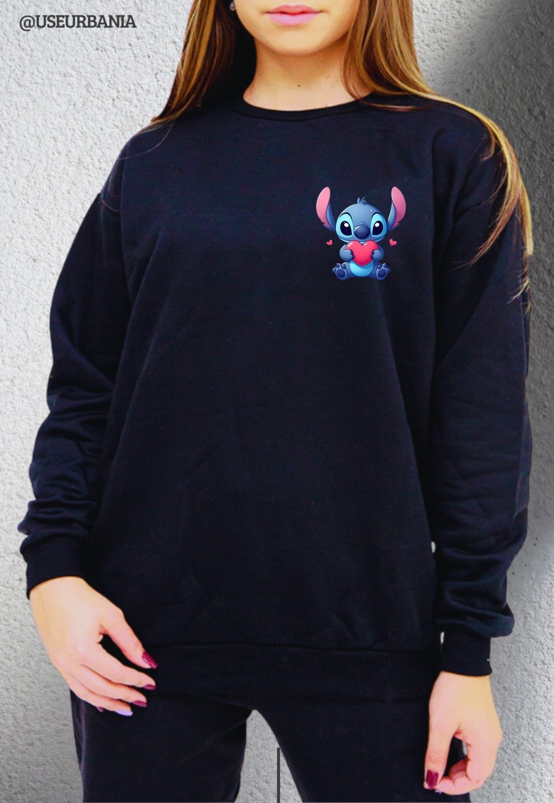 Blusa de Frio Moletom mooboo Flanelado Liso Gola Redonda Moleton urbania Clássico Gola Careca Casaco Blusão Premium Preto estampa Stitch