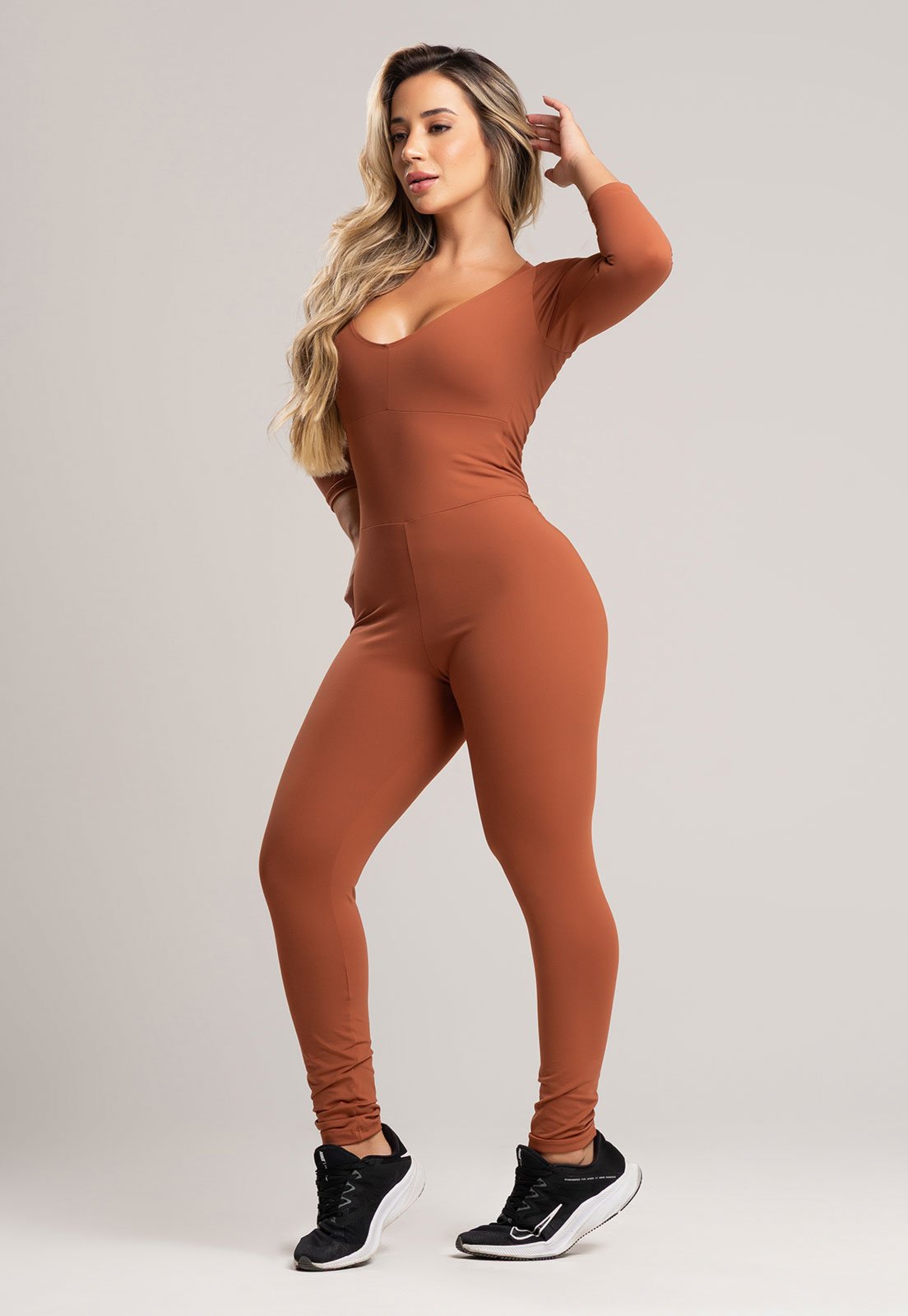 Macacão Manga 3/4 MVB Modas Feminino Costa Fechada Poliamida Fitness Mousse