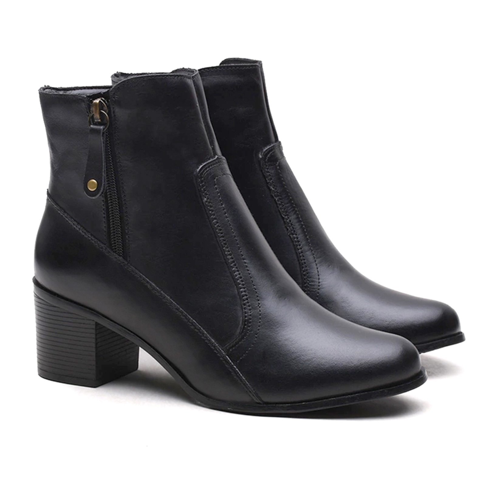 Vista 3 Bota Feminina Em Couro Com Zíper Confortável Salto Bloco Madus preto Madus preto