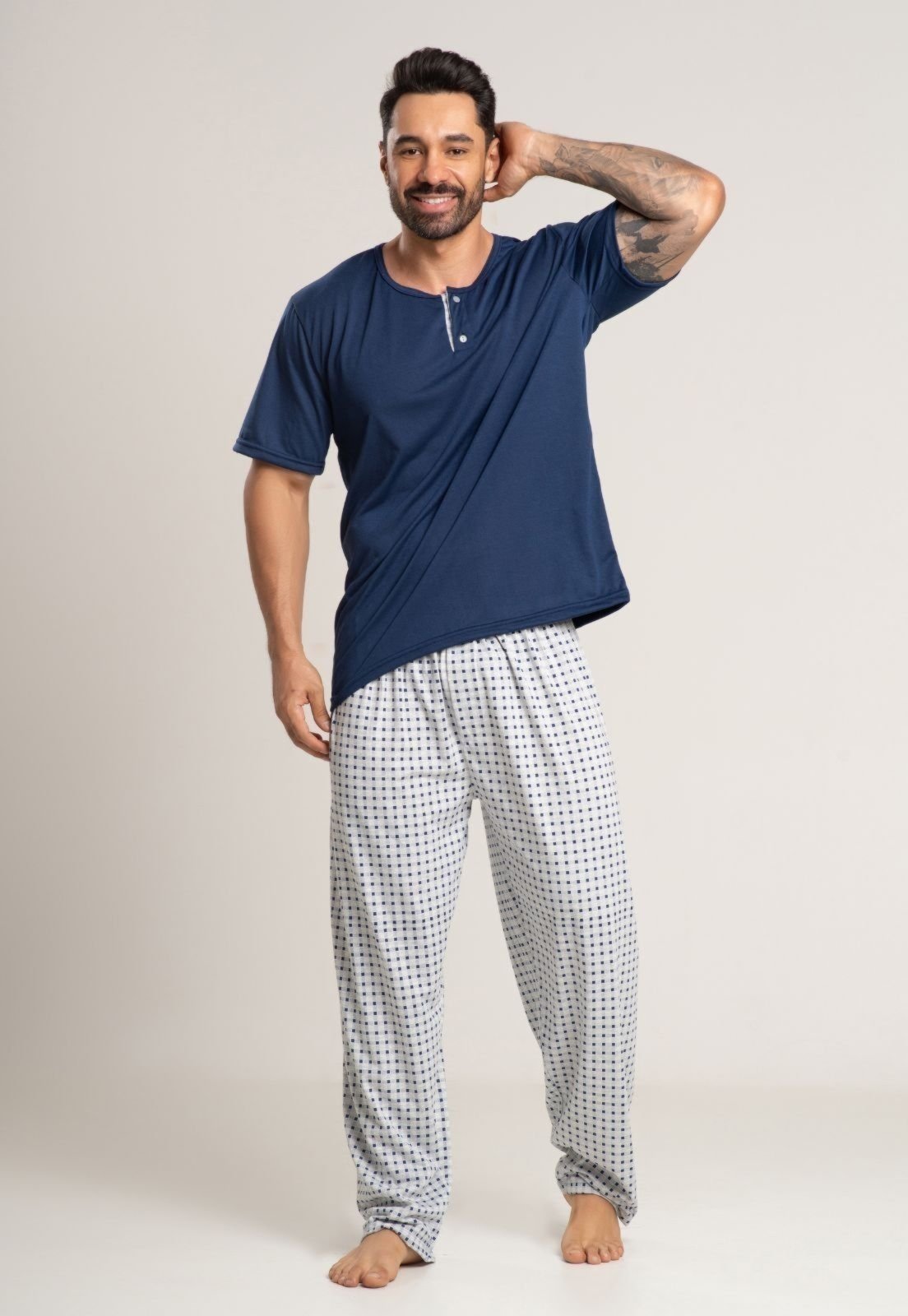 Pijama WLS Modas Masculino Calça e Manga Curta Azul Mescla