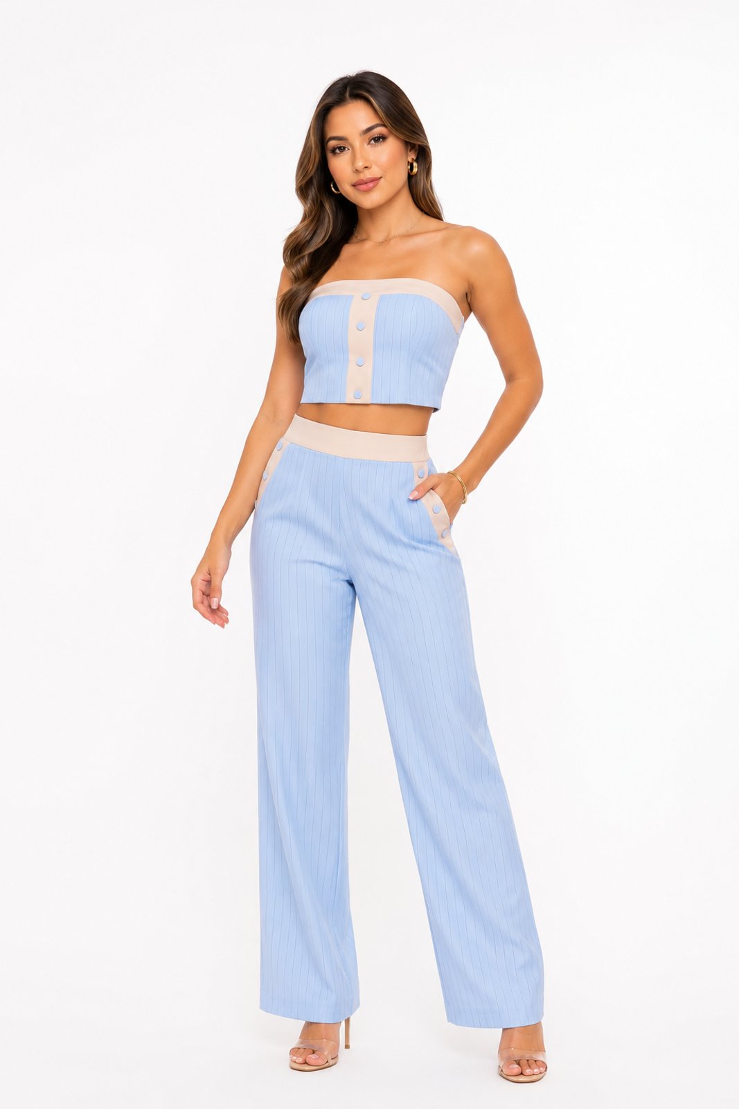 Conjunto Feminino D Bell Outlet Fashion Tomara que Caia Pantalona Risca de Giz Azul Claro