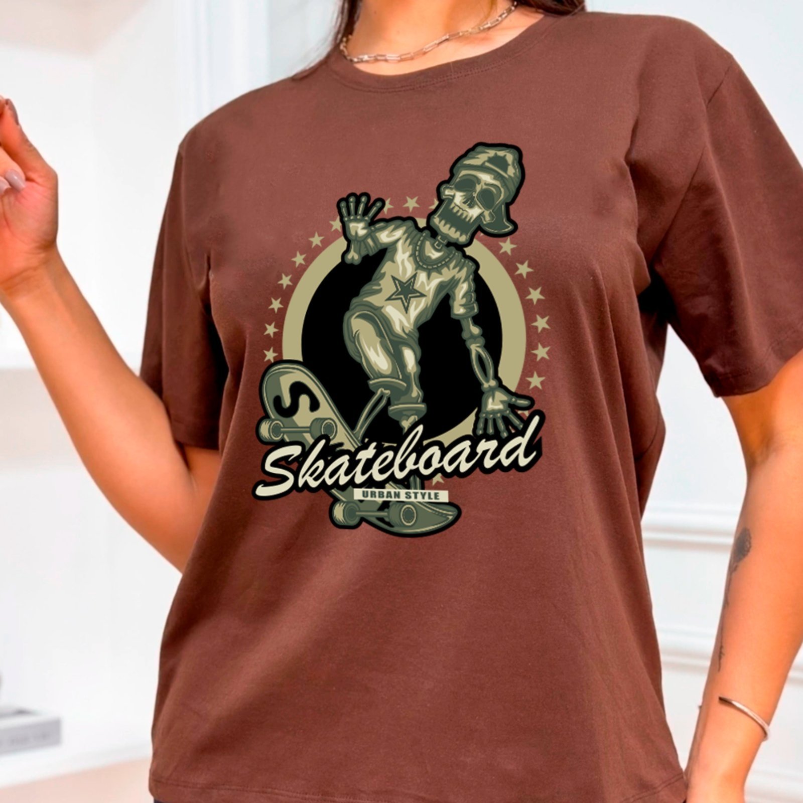 Camiseta Ousy Básica Skull Skateboard Rock Style Unissex Marrom