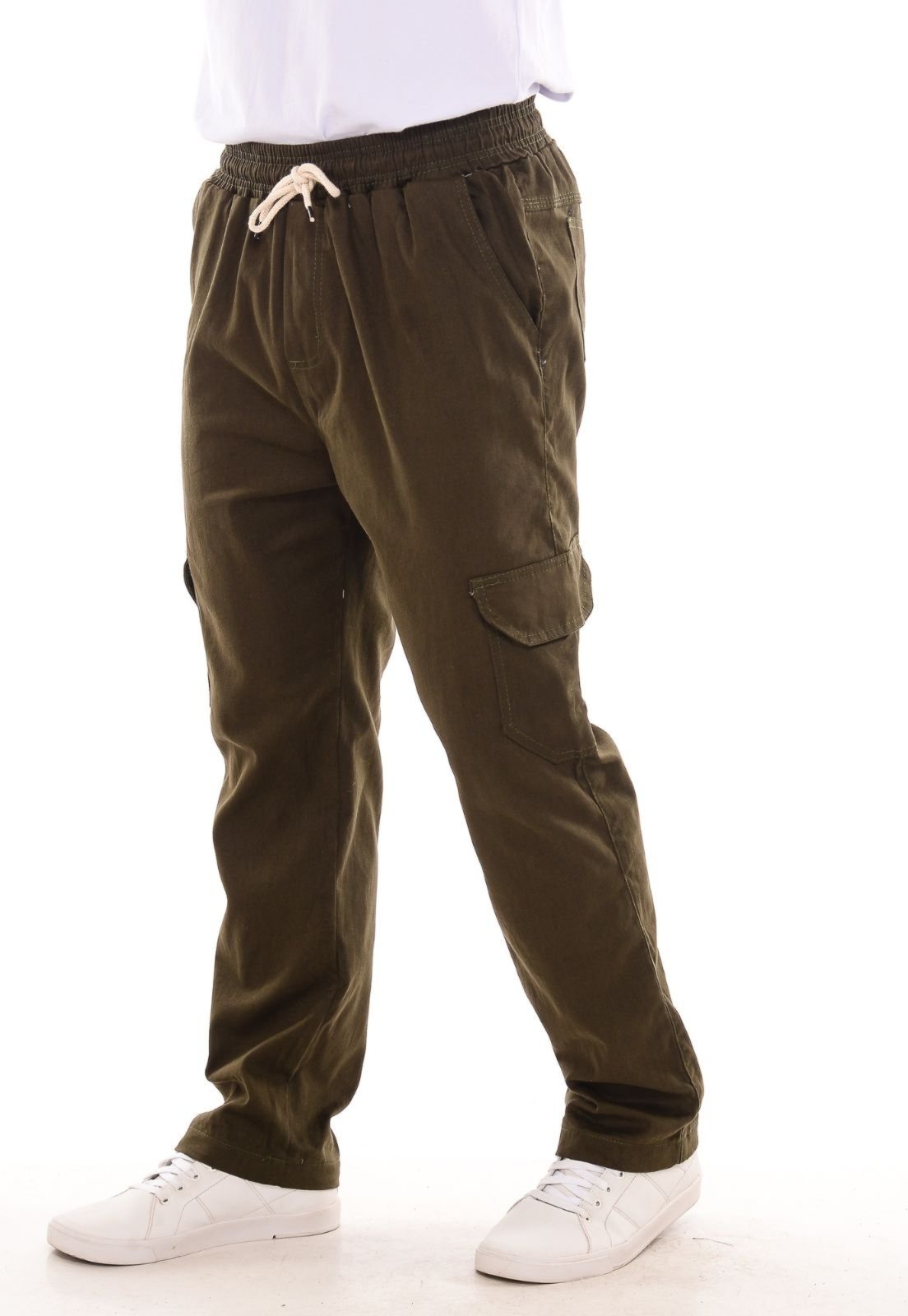 Calça Sarja Pletora com Bolso Cargo e Sem Punho Verde Militar
