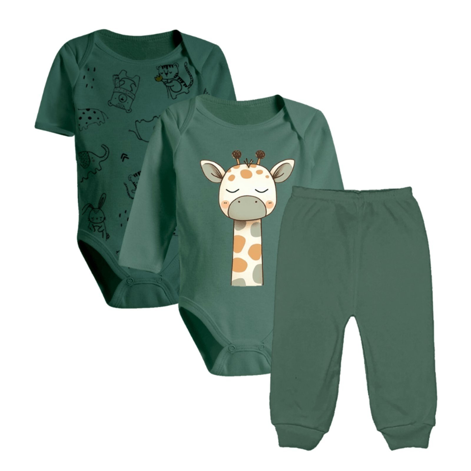 Infantil - Kit 3 Peças Body Estampado e Mijão Malha Cores Reativas Verde