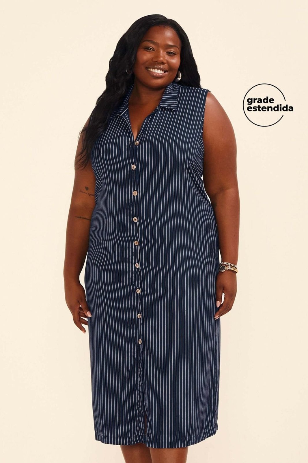 Vestido Midi Chemise Feminino Listrado Marialícia Azul