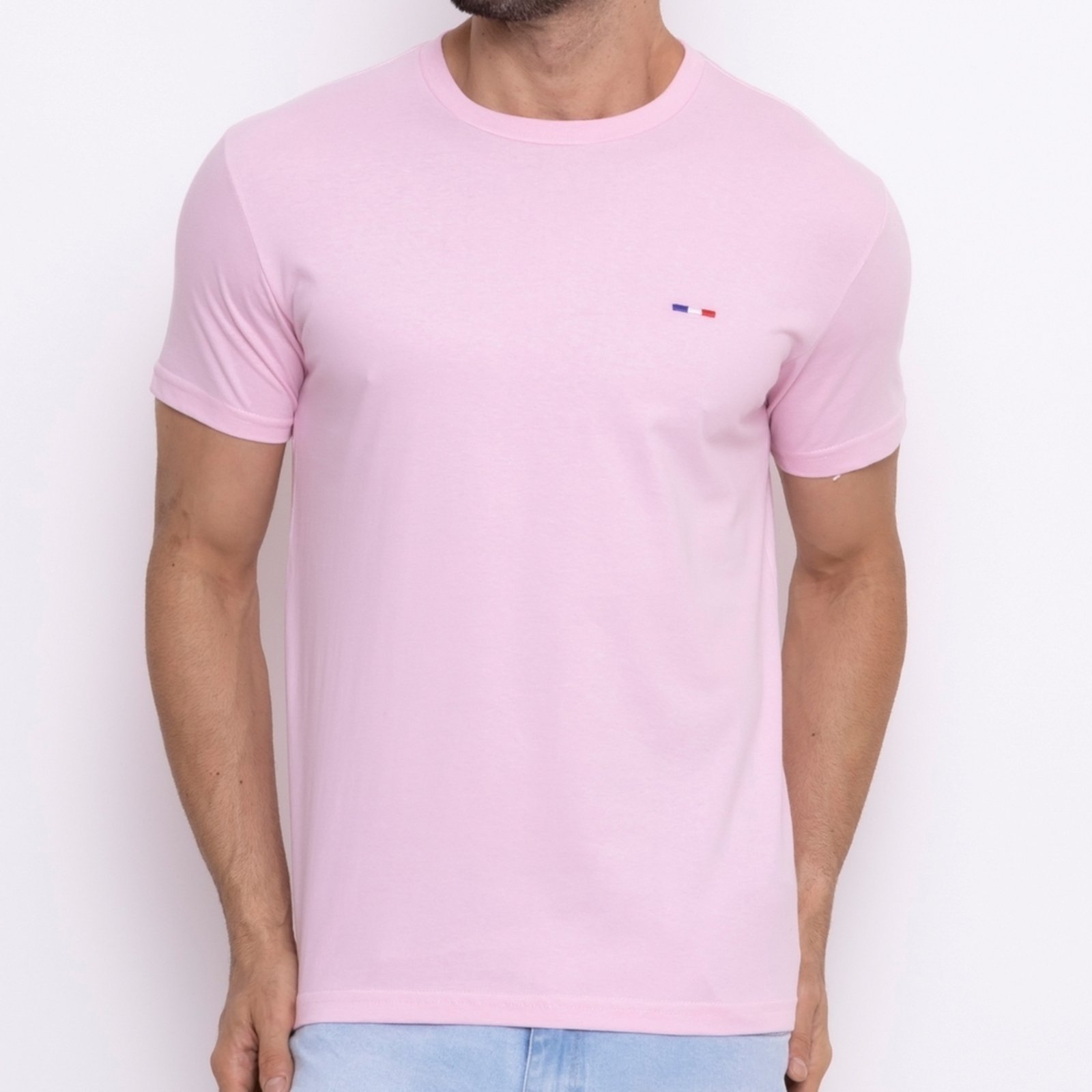 Vista 3 Kit 3 Peças Camisetas Básicas Masculina FMF em Algodão Premium no Estilo Tommy Bordado França Vermelha Branca rosa FMF rosa