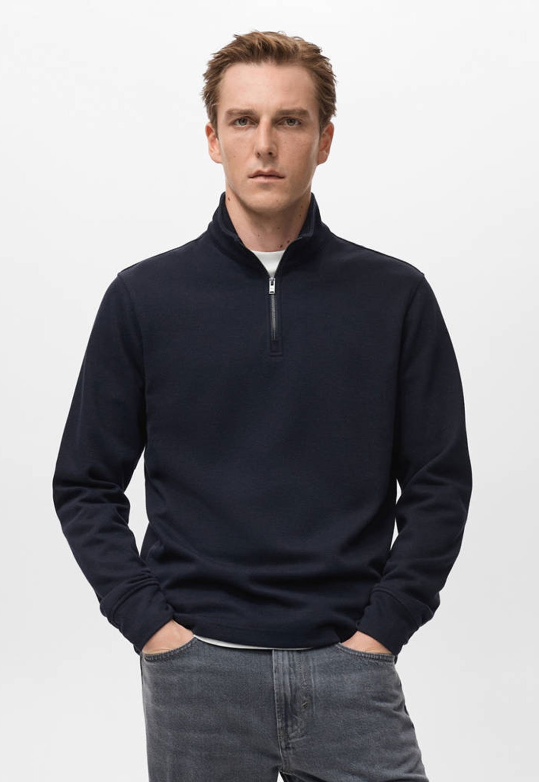 Suéter Masculino Mango Gola Alta Zíper Azul Marinho