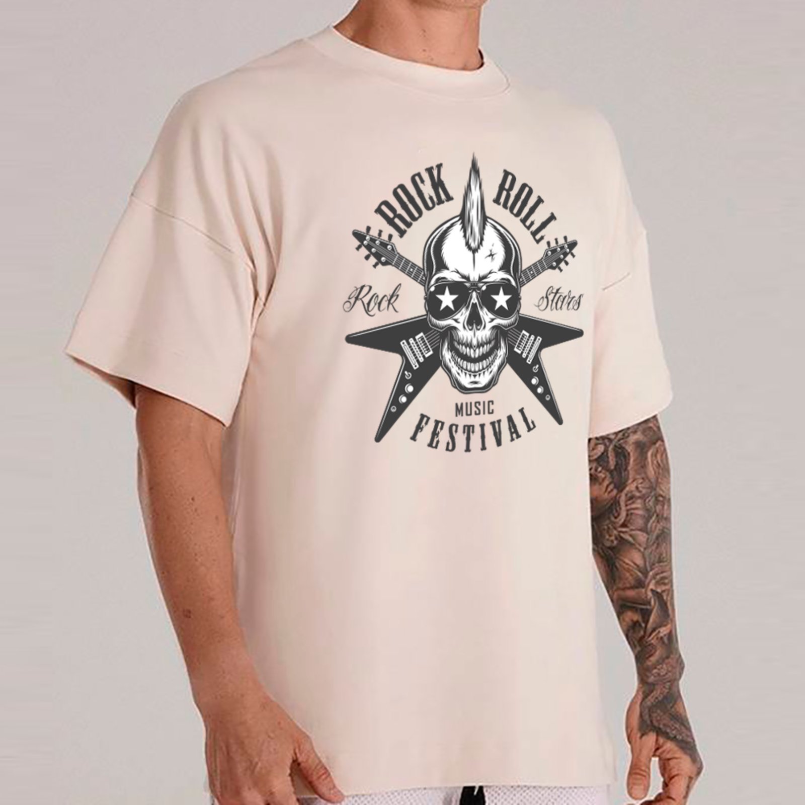 Camiseta Ousy Streetwear Rock Roll Music Festival Stars Rock Oversized Unissex Off White