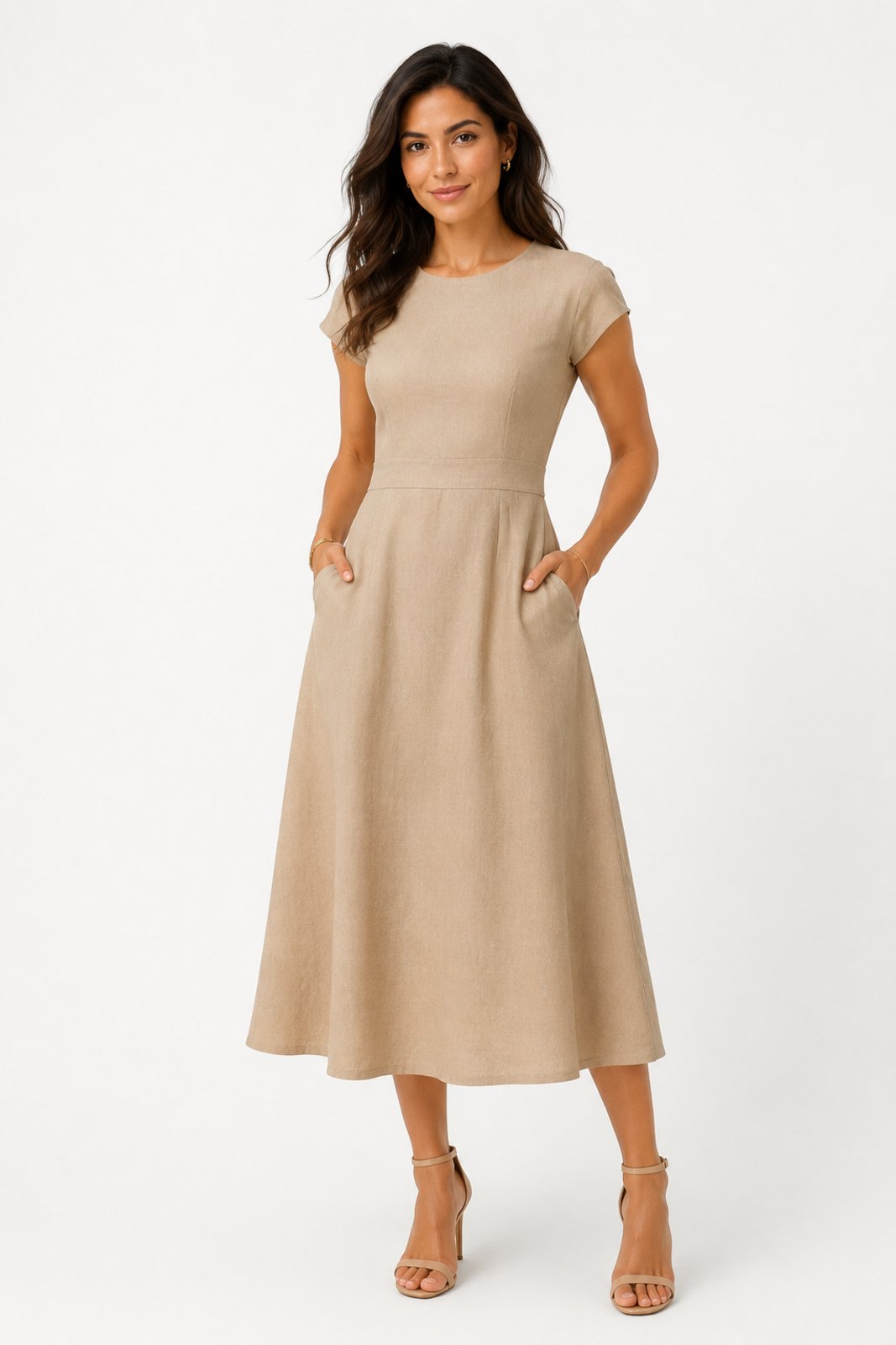 Vestido Midi D Bell Outlet Fashion Linho Bolsos Bege