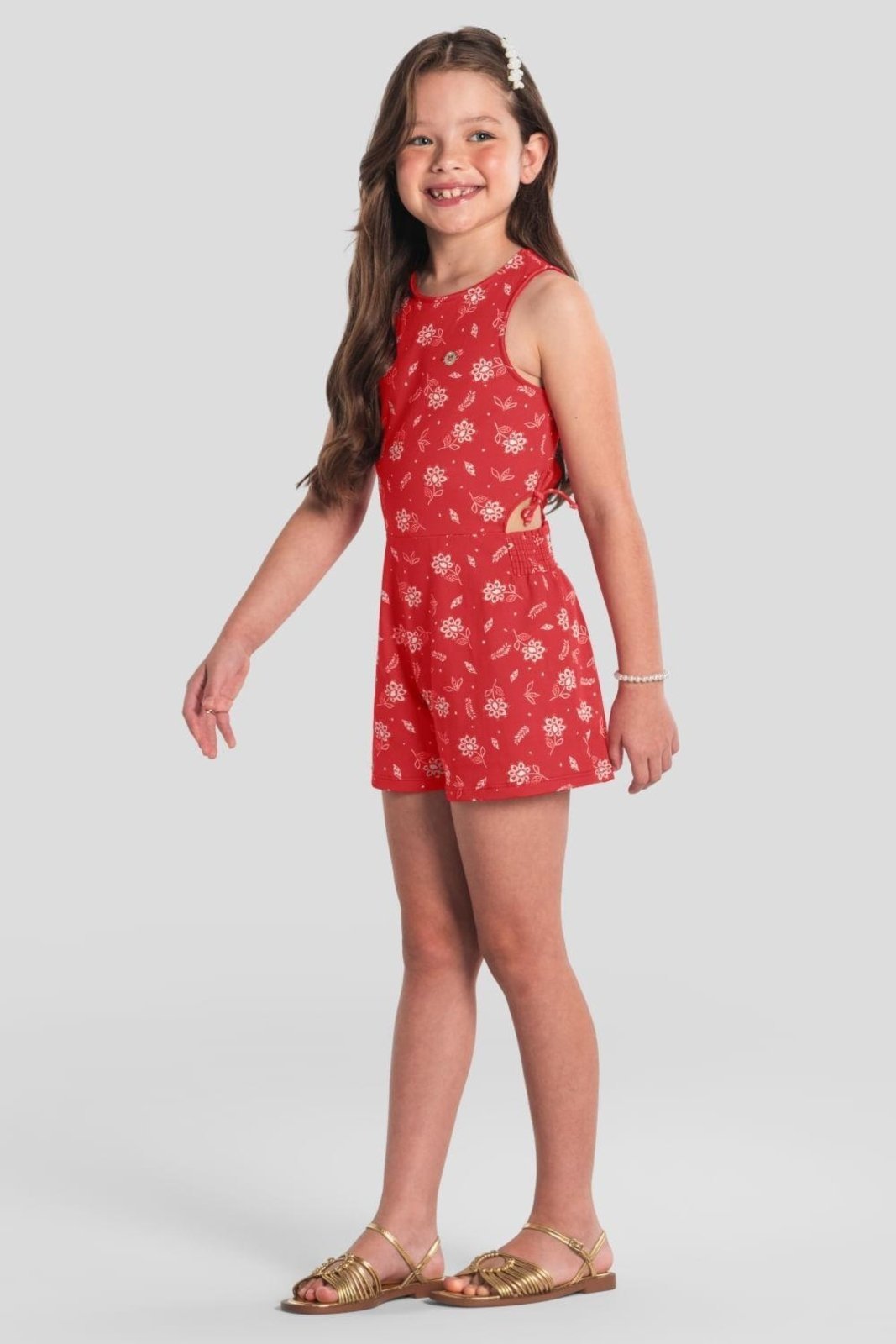 Infantil - Macaquinho menina florido em cotton Brandili