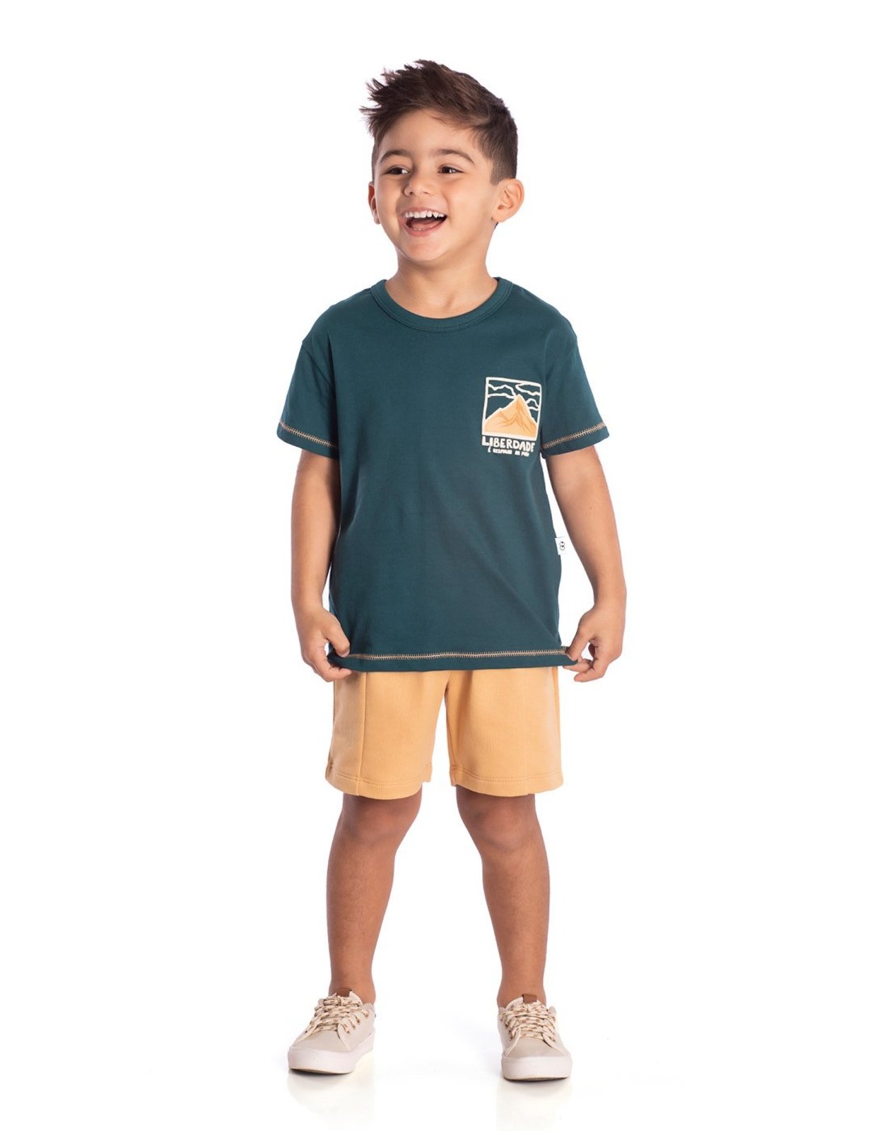 Infantil - Conj. camiseta manga curta verde turquesa + bermuda moletinho bege