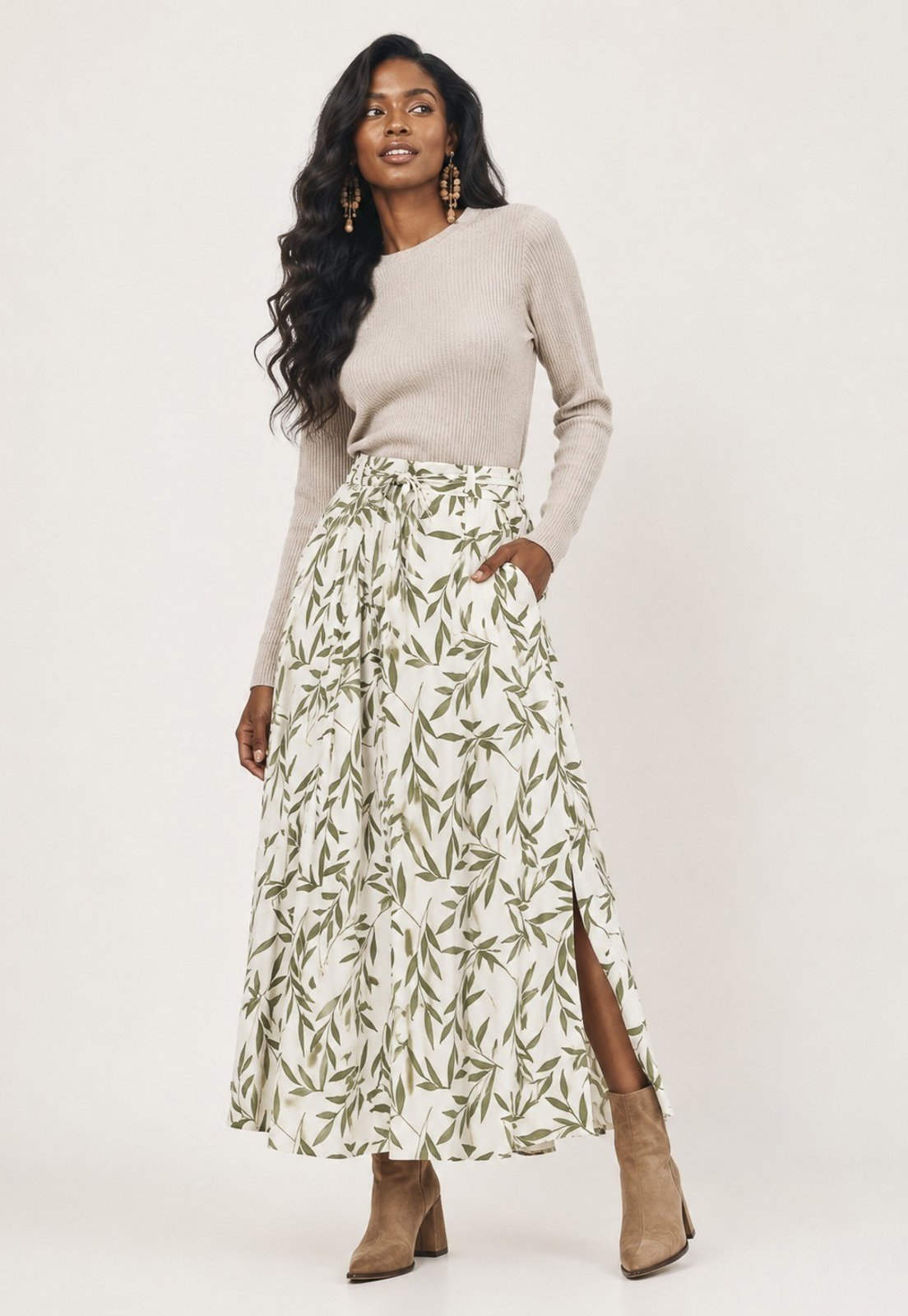 Saia Cabanafree Longa Viscose Folhagem Serena Verde
