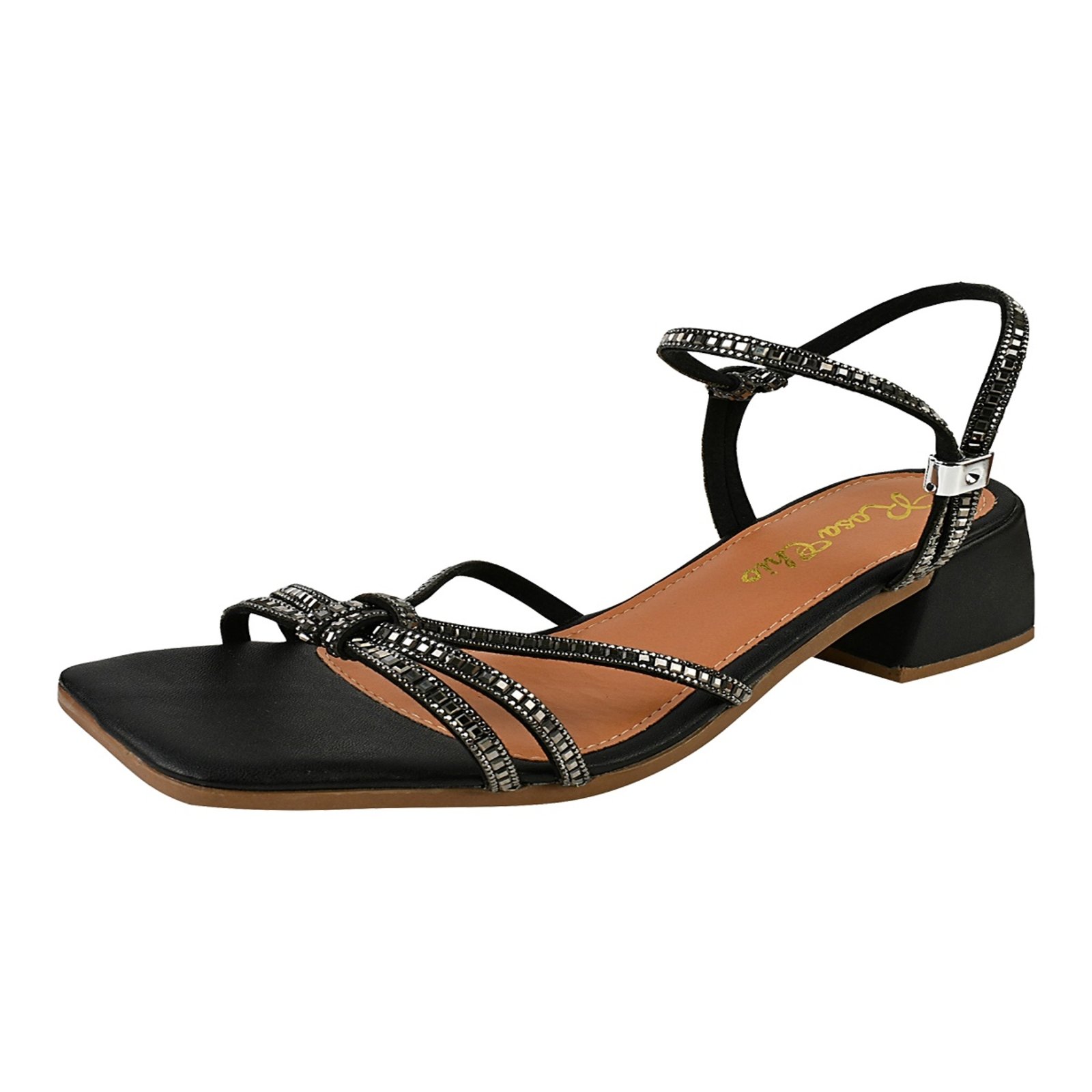 Sandália Feminina Salto Bloco médio Tiras Strass Brilho Colorido Elegante Confortável Casual Festas Preto