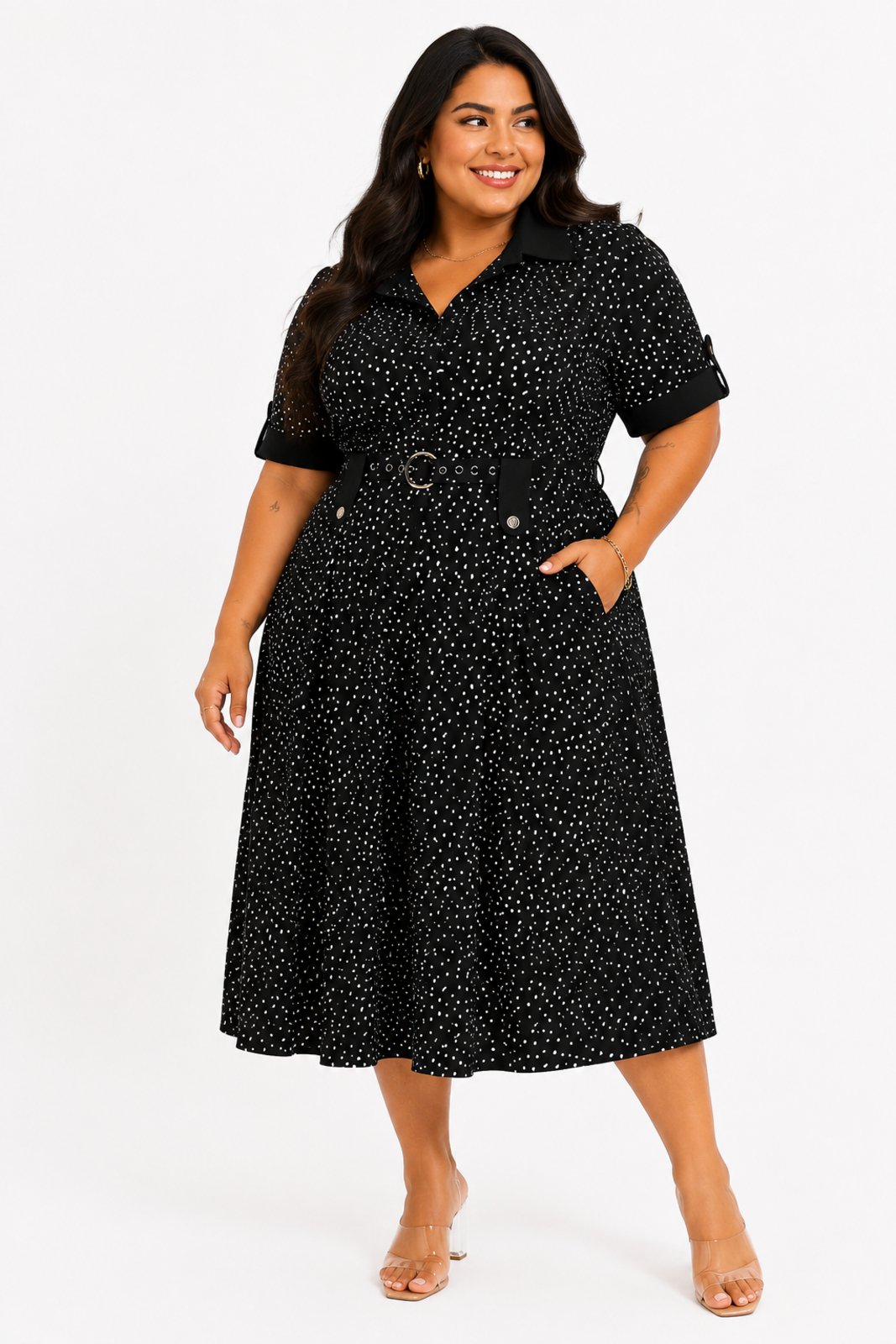 Vestido Longo Plus Size D Bell Outlet Fashion Poá Preto