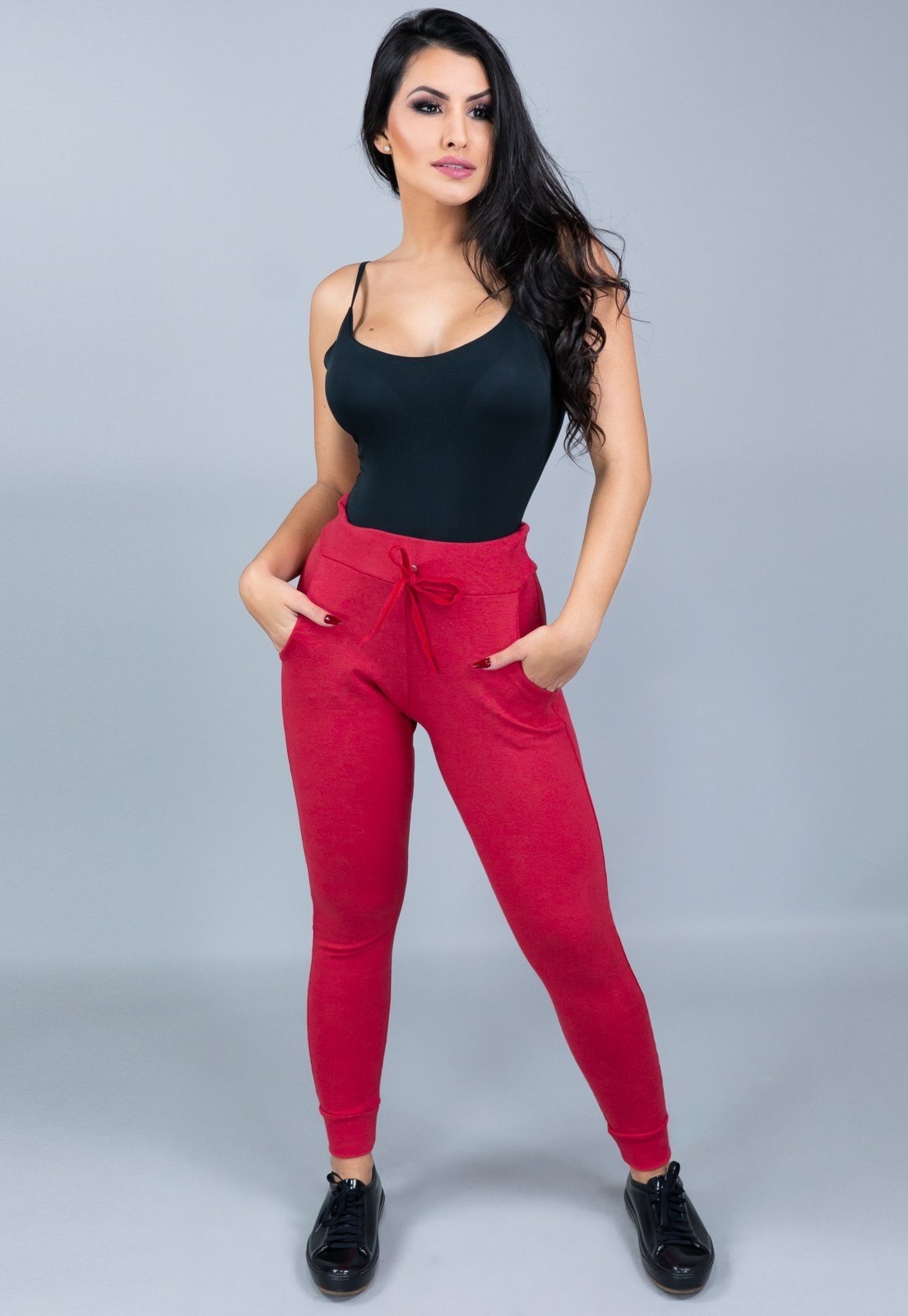 Calça Ribana Jogger MVB Modas Cintura Alta Moletom Vermelho