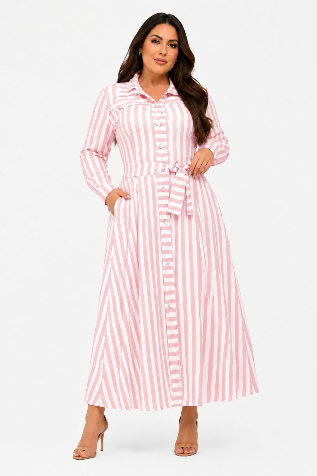 Vestido Midi D Bell Outlet Fashion Chemise Listrado em Linho Rosa