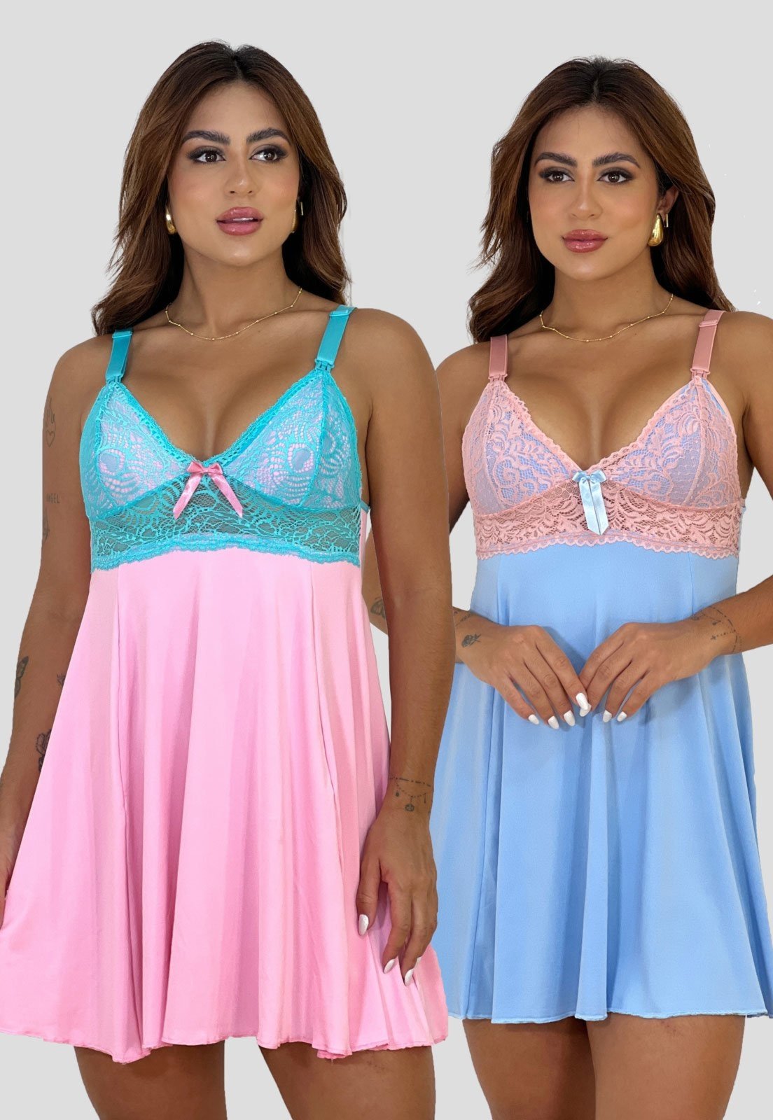 Kit 2 Camisola Amamentação Bicolor Pós Parto Maternidade