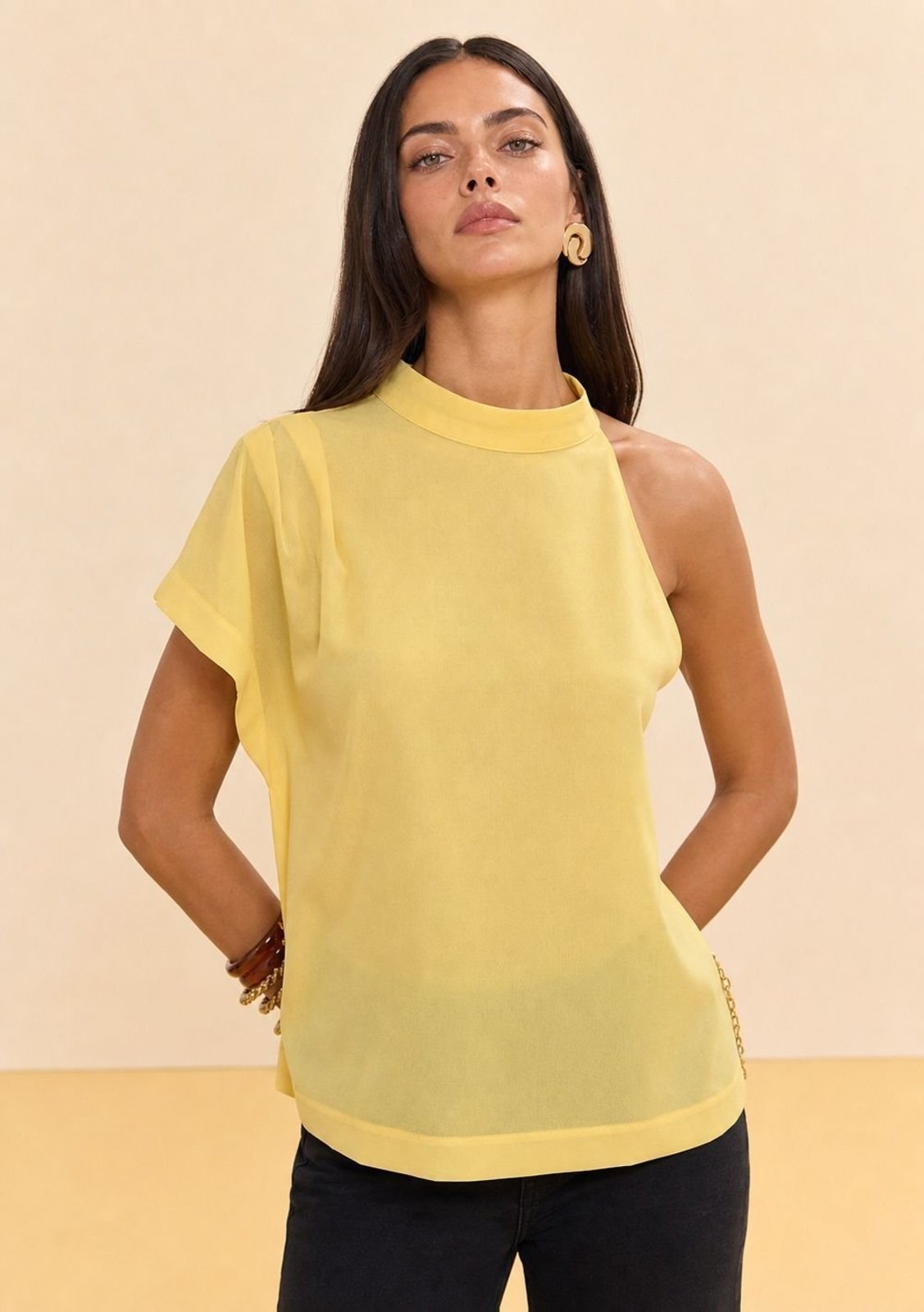 Blusa Zinco Ajustada Um Ombro Só Manga Curta Padrão - Amarelo