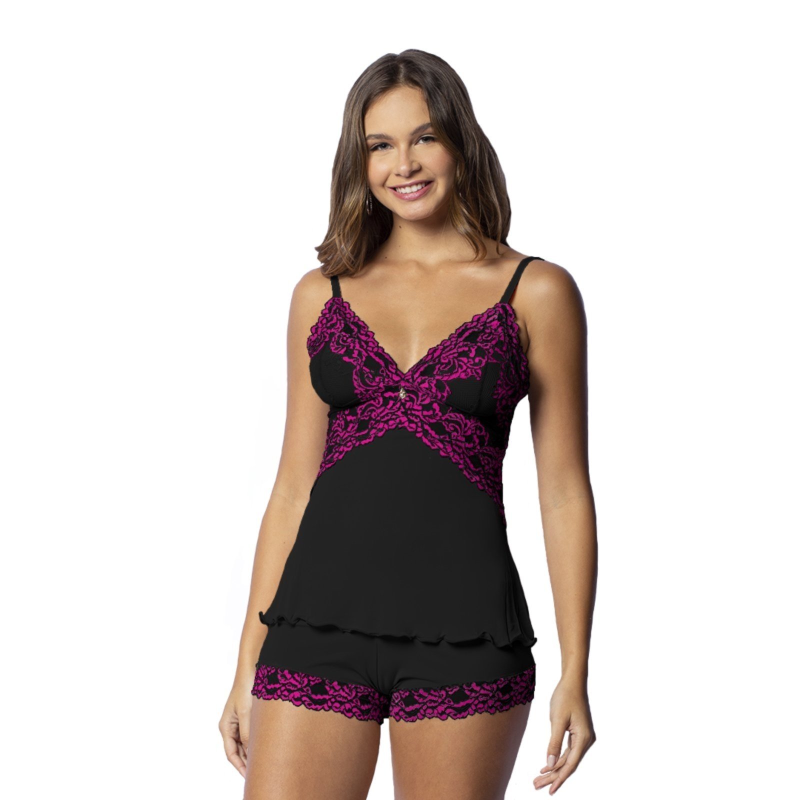 Baby Doll Gabi Lingerie Poliamida Sem Bojo Short Renda Pijama Sexy Curto Pink