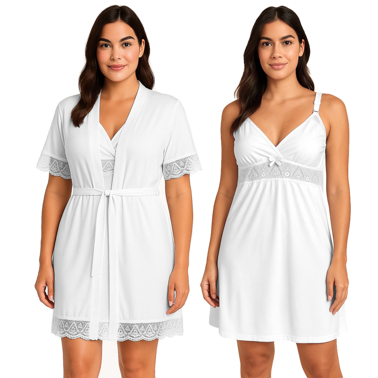 Kit Camisola + Robe Gabi Lingerie Detalhado em Renda Confortável Branco