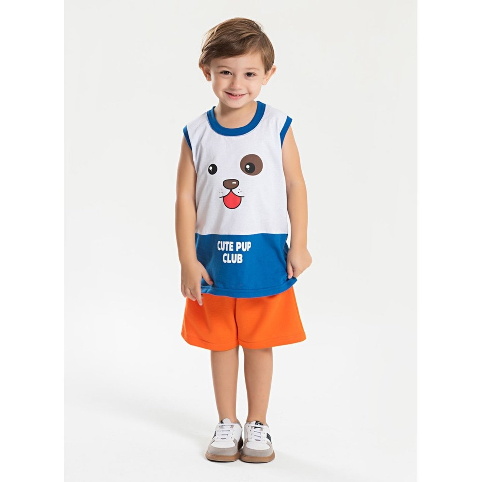 Infantil – Conjunto Verão Menino Royal Regata com Recorte e Bermuda Cachorrinho