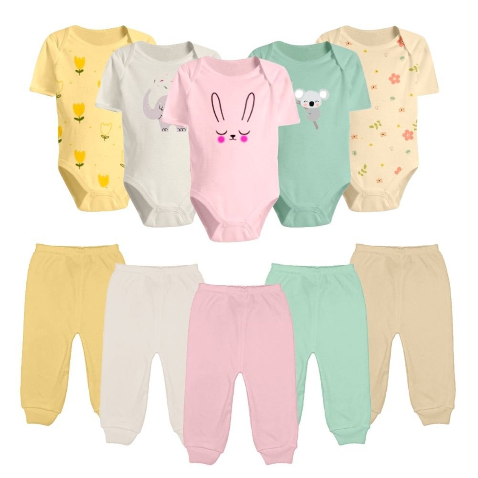 Infantil - Kit 10 Peças Body Manga Curta Estampado e Mijão Algodão Rosa