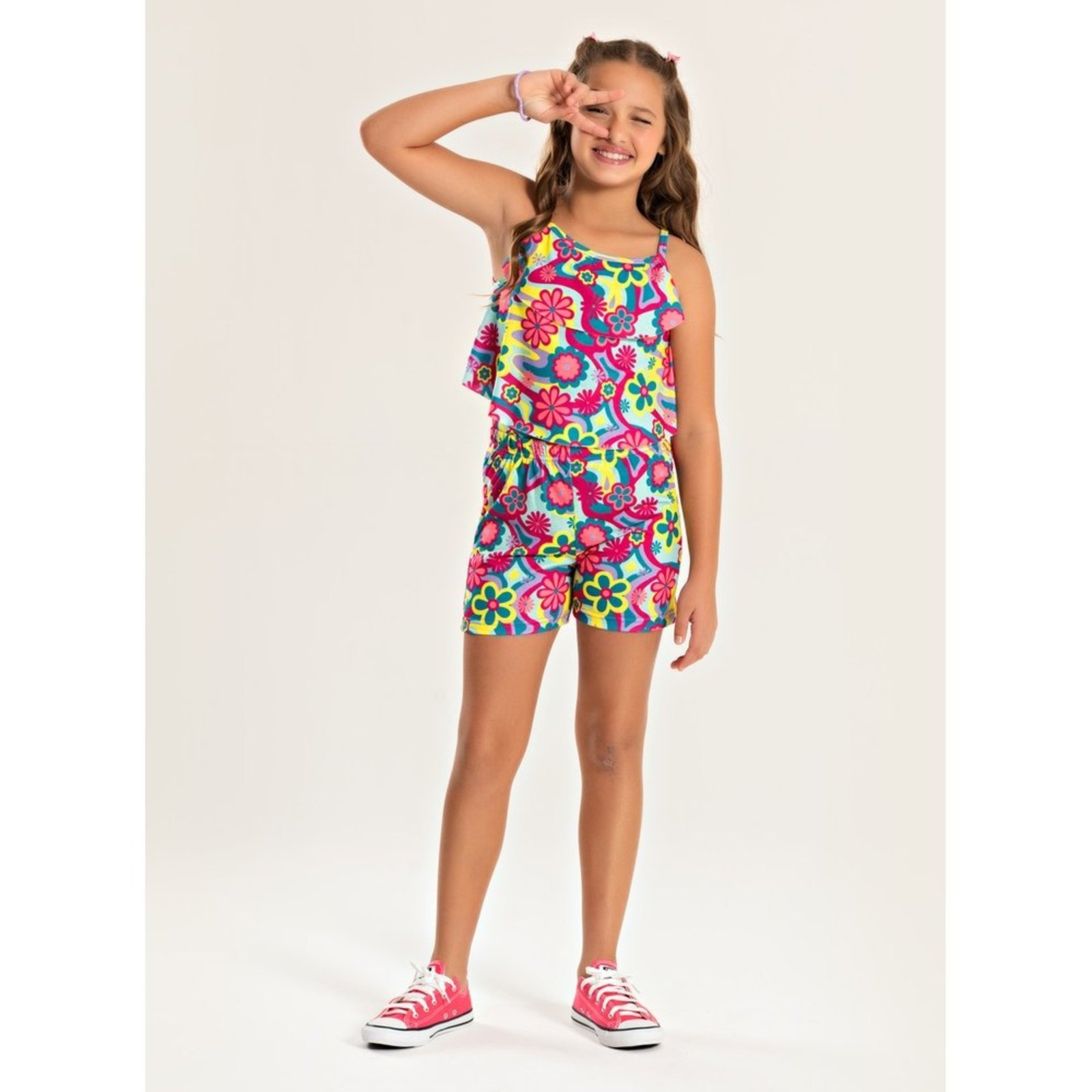Infantil – Conjunto Molekada Verão Menina Pink Regata com Babado e Shorts Floral