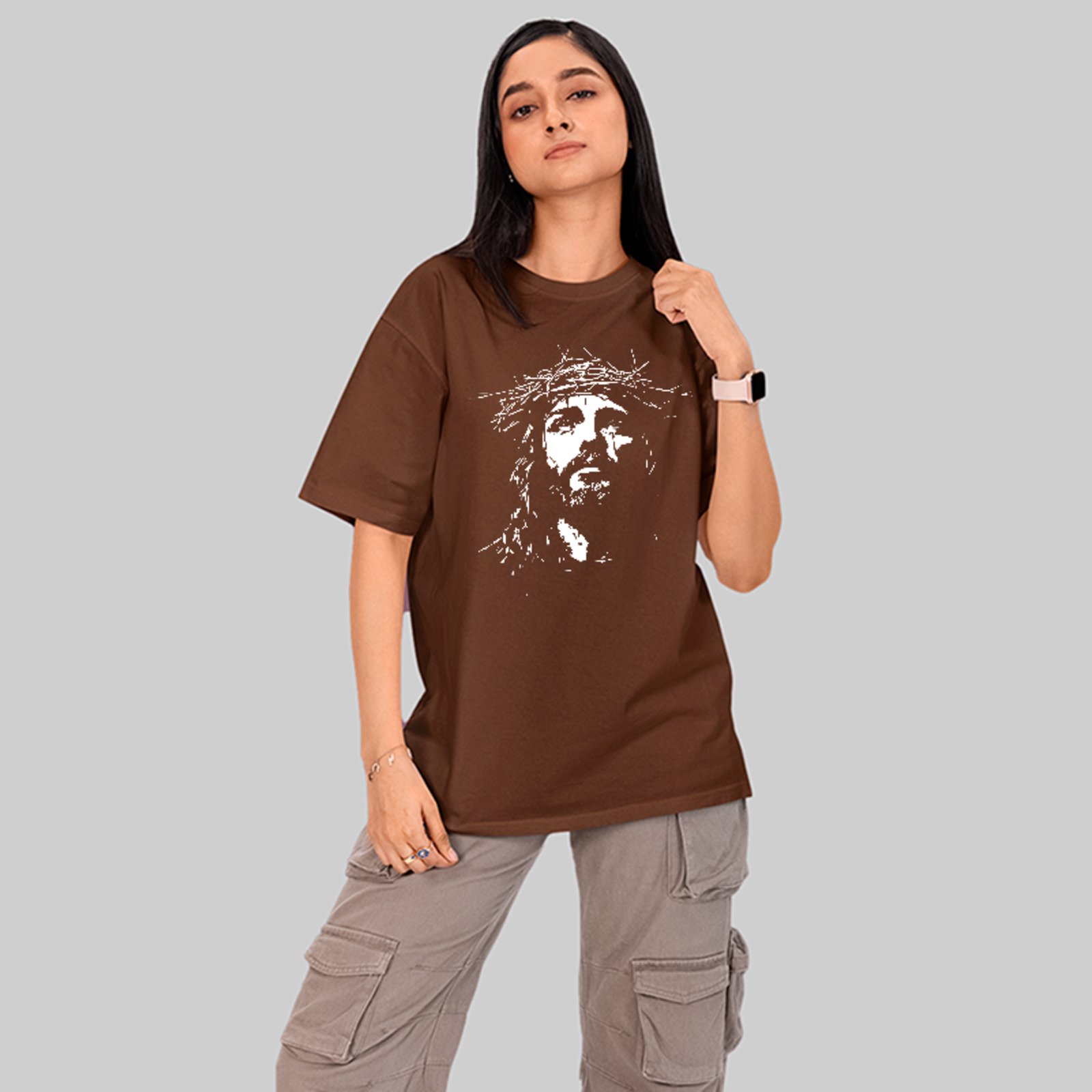 Camiseta Oversized Estilo Cristã Jesus Cristo Streetwear Unissex Marrom