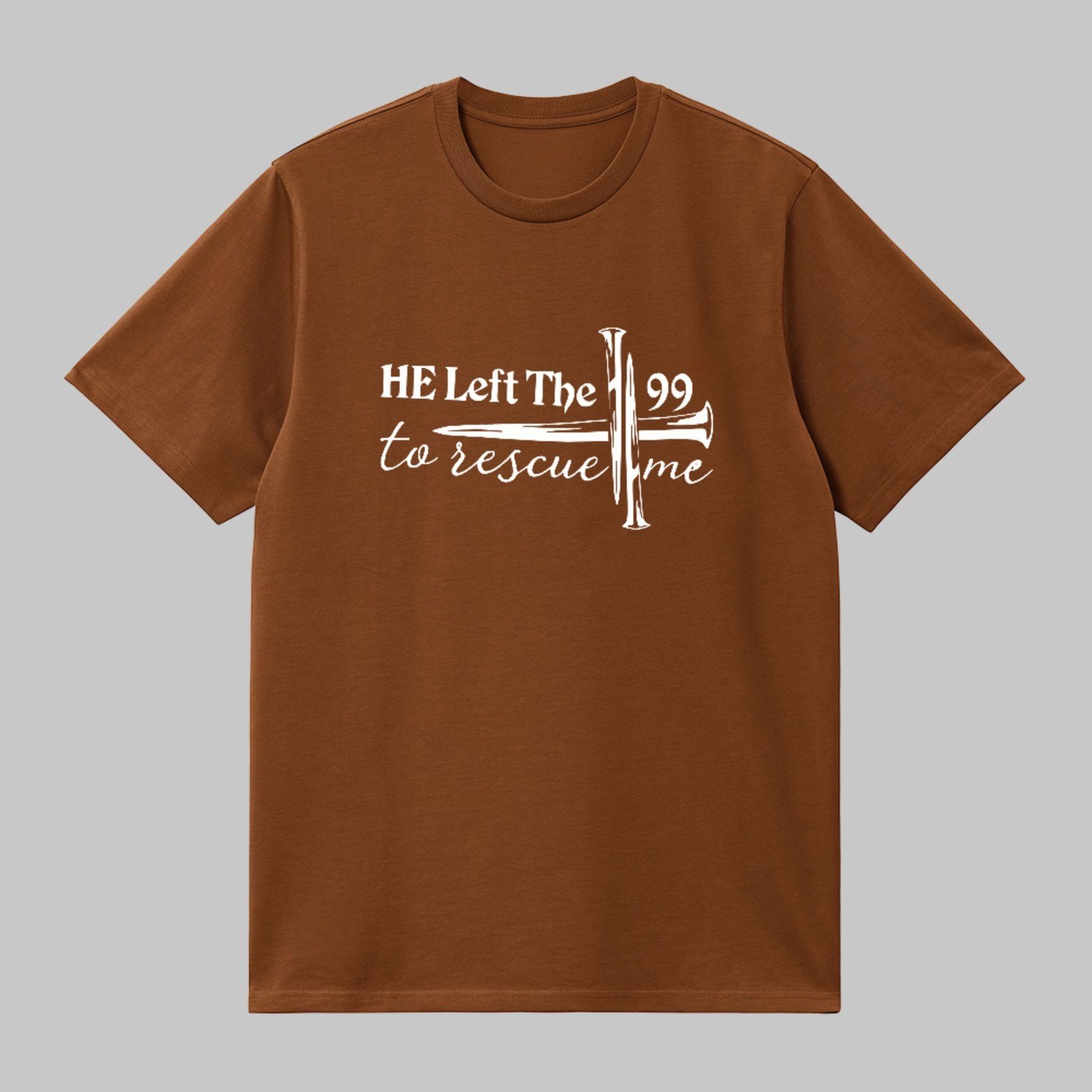 Camiseta Básica Frase Cristã Cruz He Left The 99 Faith Marrom