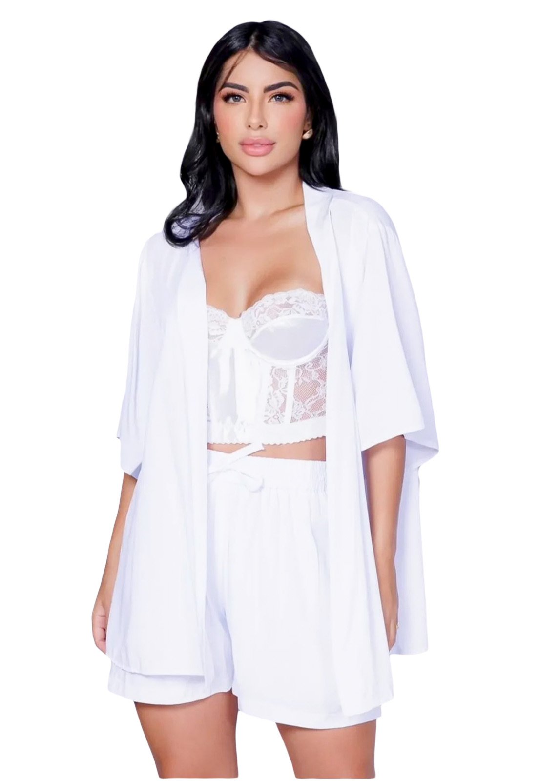 Vista 3 Conjunto YWC ind Kimono Viscolinho Verão Manga Curta Soltinho E Shorts branco YWC ind branco