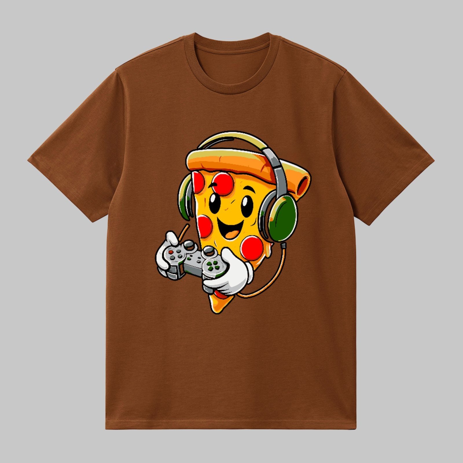 Camiseta Básica Fatia Pizza Gamer Estilo Geek Divertido Marrom