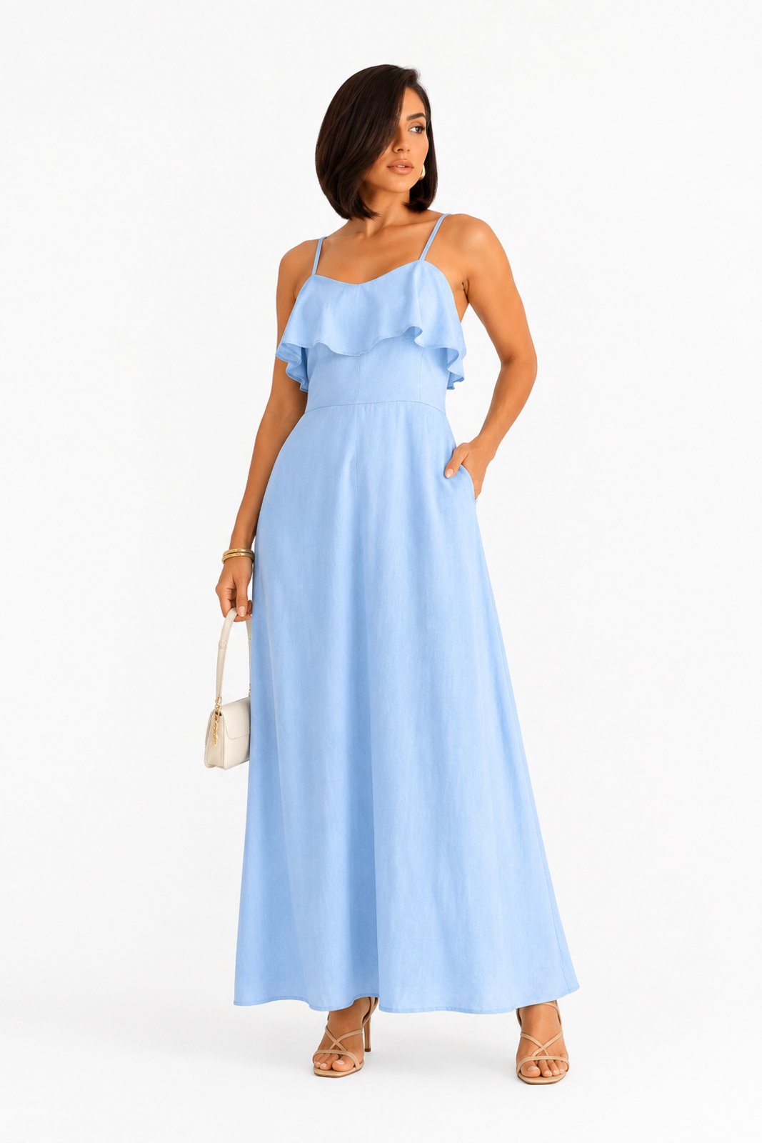 Vestido Alcinha Longo D Bell Outlet Com Babado Azul