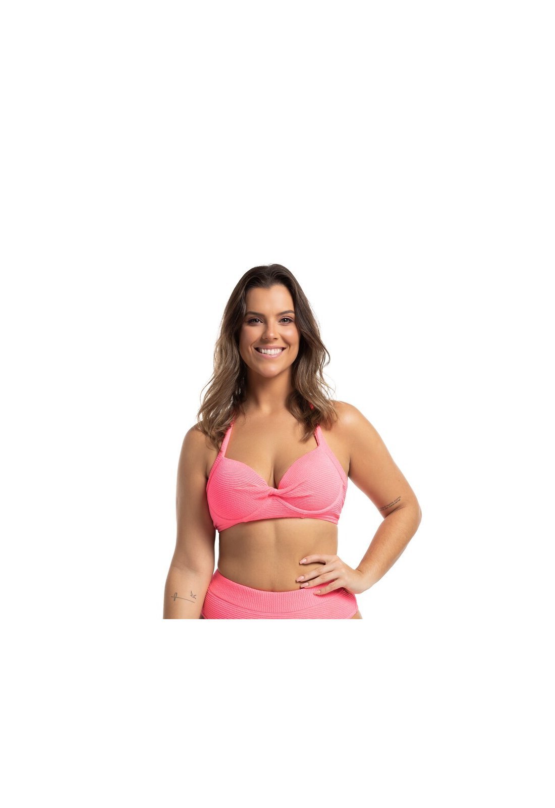 Top Biquíni Avulso Meia Taça com Aro Borboleta Textura Anarruga Rosa Neon