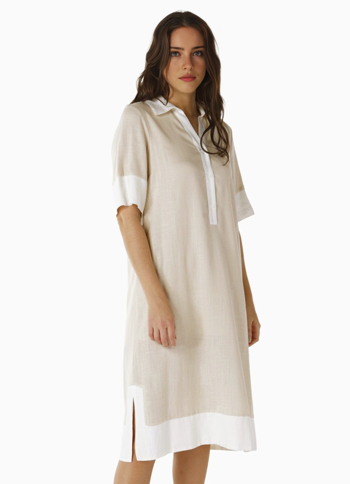 Vestido de Linho Midi Bege/Off Sob Mangas Curtas Solto com Bolsos