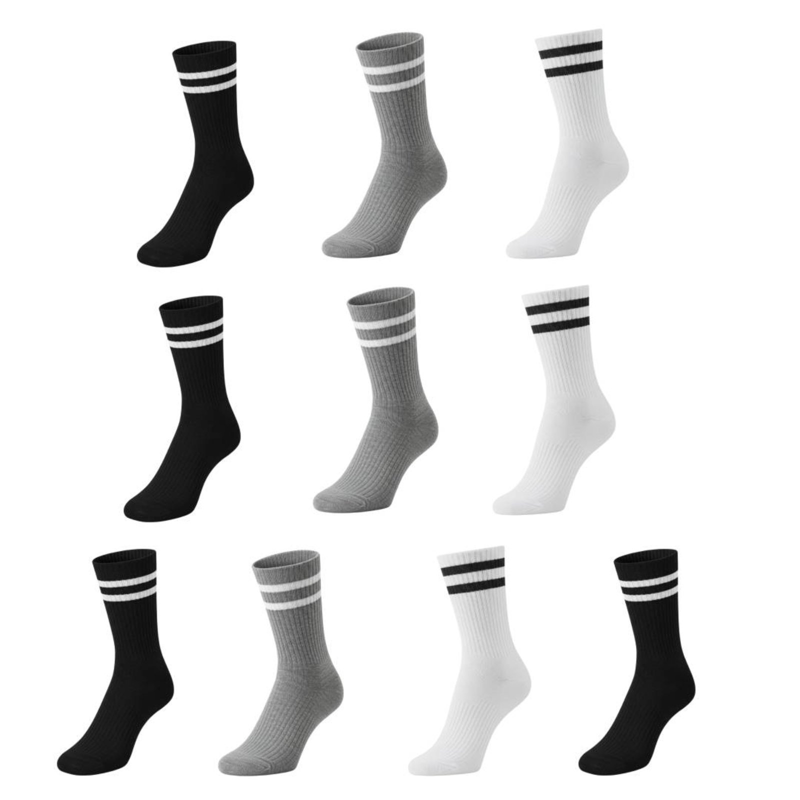 Vista 2 Kit 10 Meias Listradas Cano Médio Algodão Academia Skate Caminhada 2 Listras QLC SPORT branco/cinza/preto