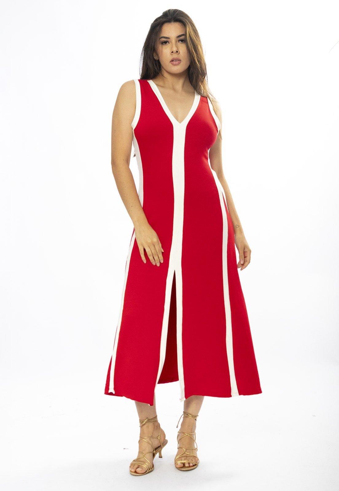 Vista 3 Vestido Midi Amazônia Vital Fenda Frontal Color Block Amazonia Vital off-white/vermelho
