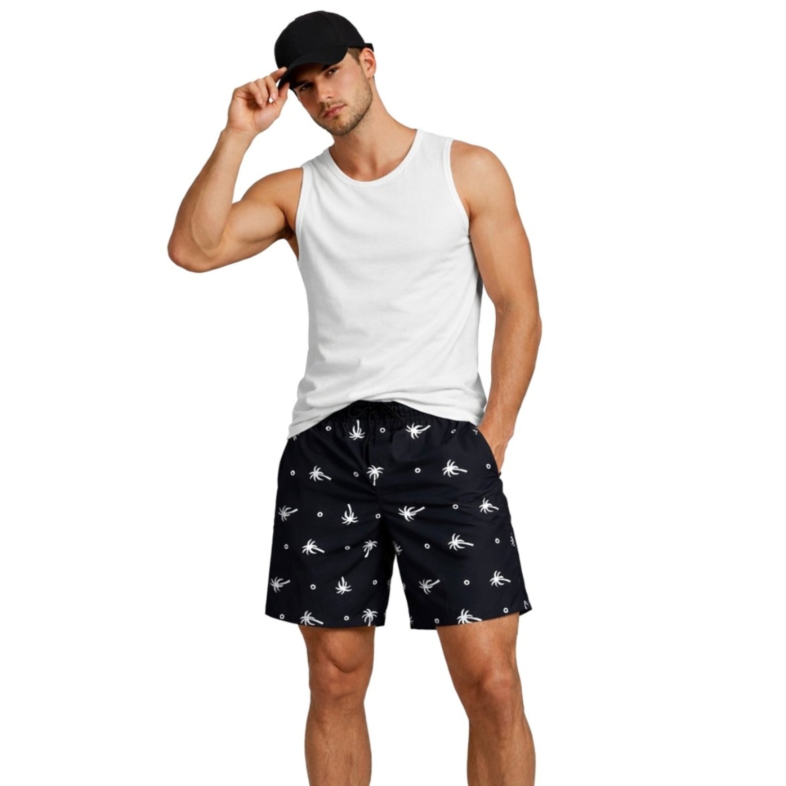 Conjunto Masculino Camiseta 100% Algodão, Boné e Short Tactel Estampando