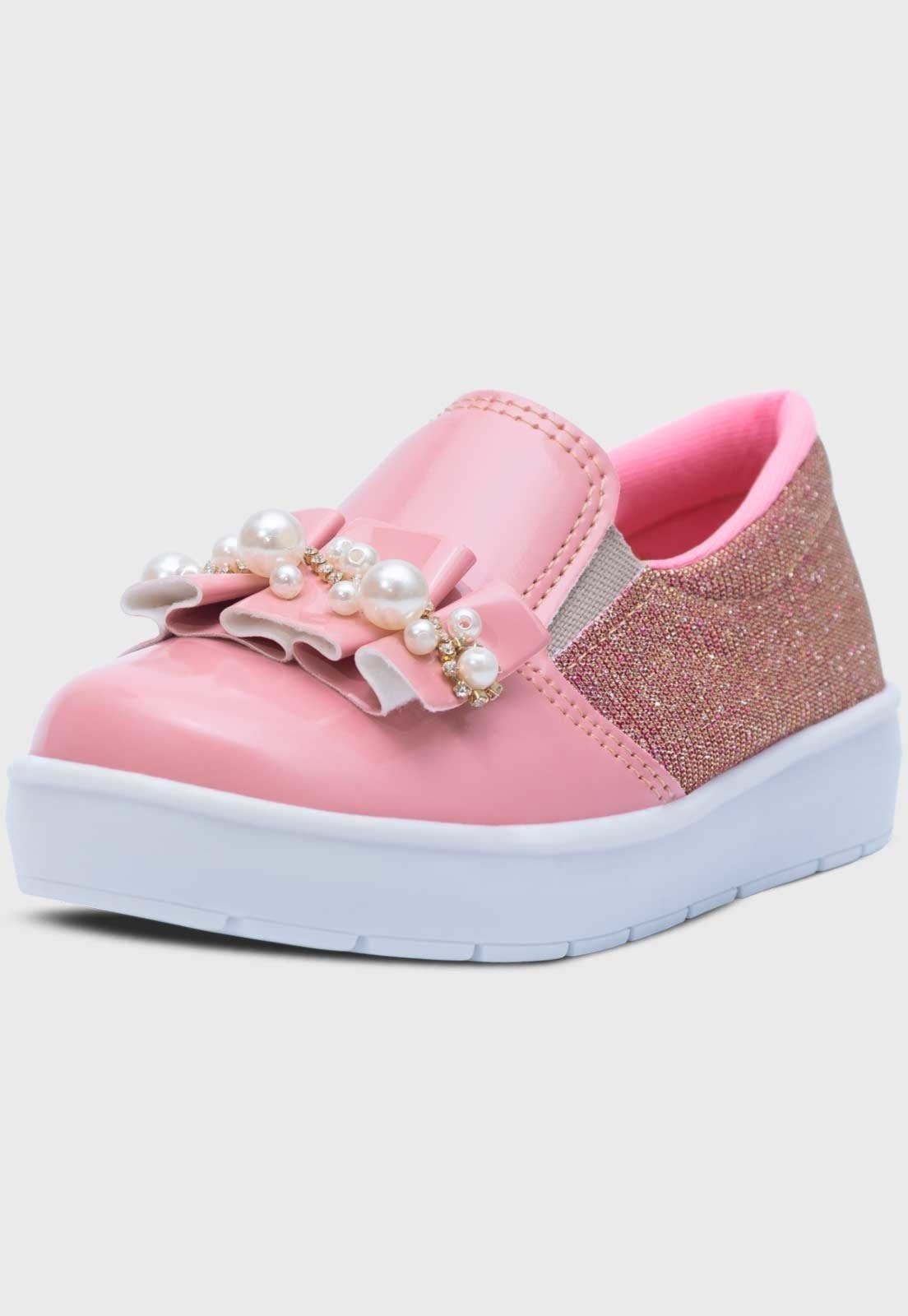 Infantil – Tenis Slip On Feminino Popidi Laço Perola Sanfonado Rosa