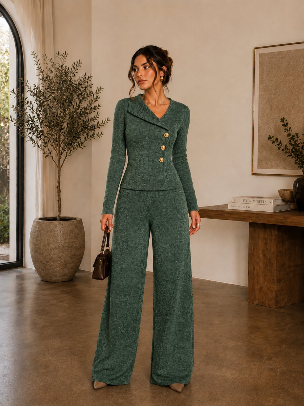 Conjunto Feminino Blusa Transpassada com Botão Manga Longa de Frio Gola Alta Calça Reta Cintura Alta Malha Rib Tendencia Inverno Verde