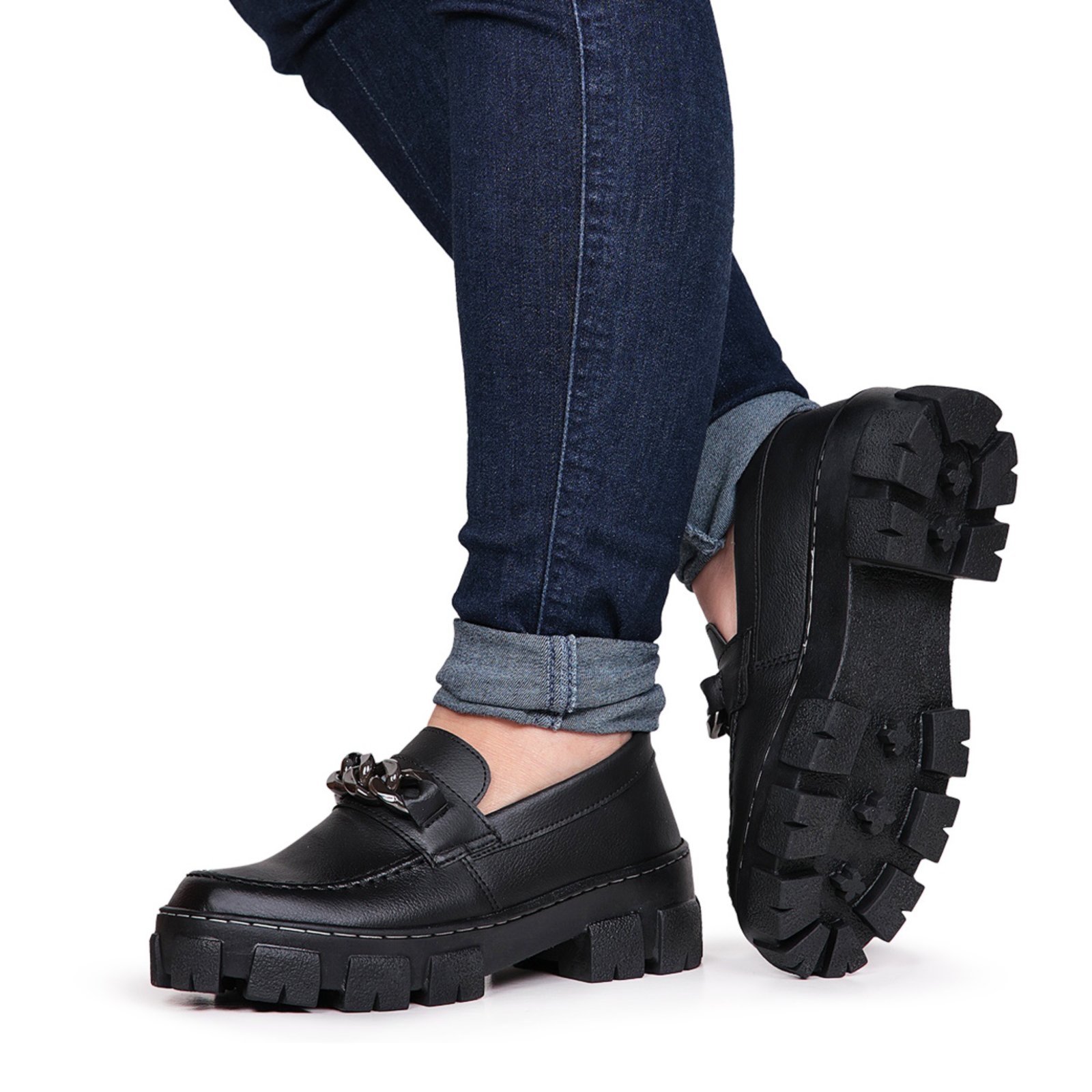 Sapato Mocassim Tratorado Oxford Feminino Fivela Preto