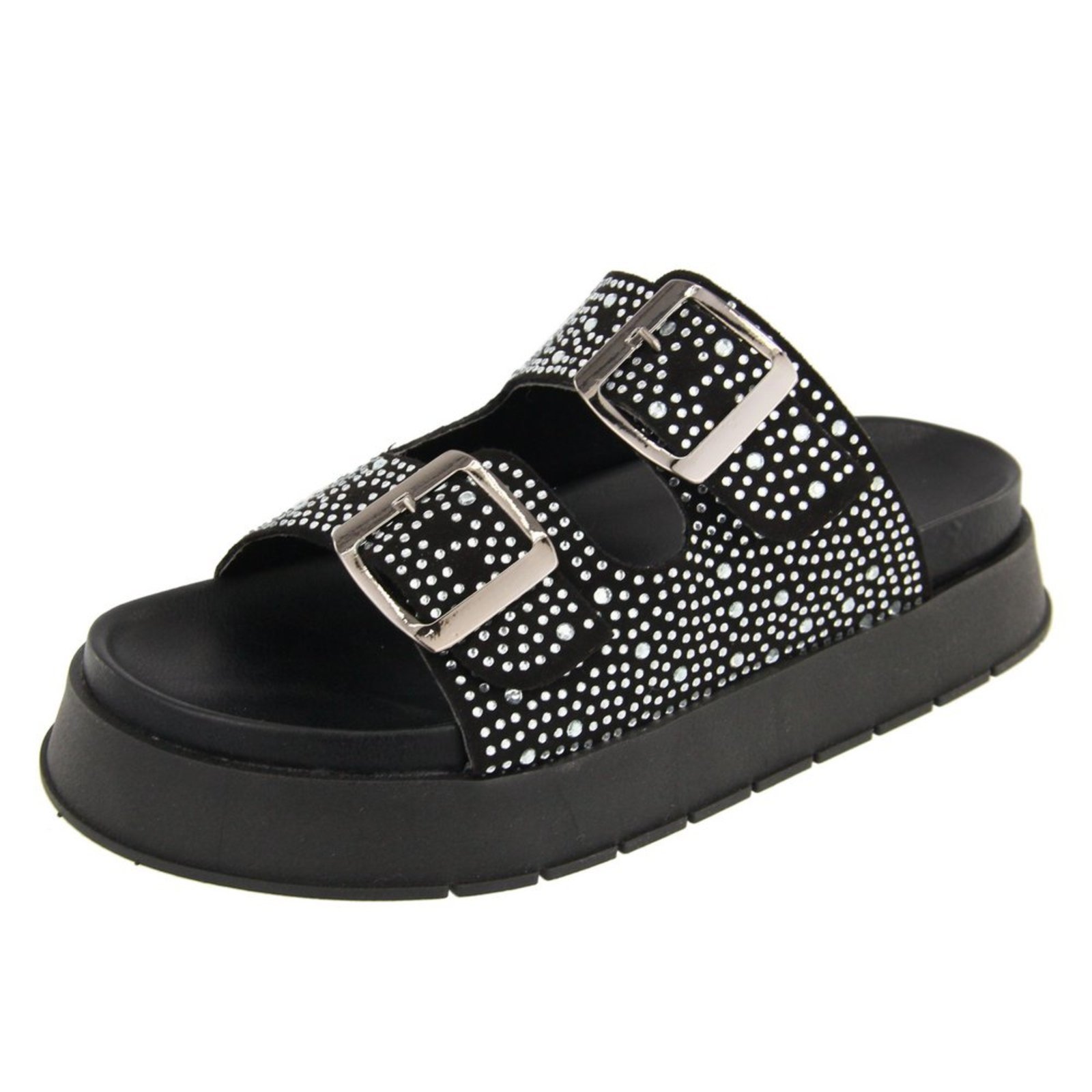 Sandália Papete Flatform Com Fivela Strass Brilho Macia Blogueira Agnes Veronez Preto