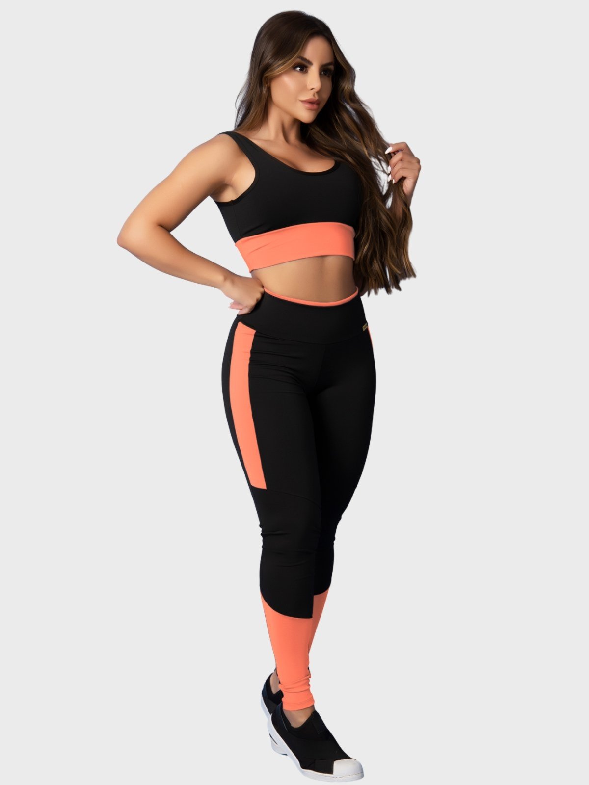 Conjunto Fitness Tarelles Top Calça Legging Cintura Alta Preto e Laranja Claro